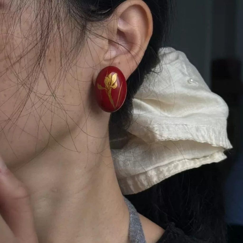 LacLume Original Iris Lacquer Earrings with Gold Traced Hand-Painted Iris Flowers red