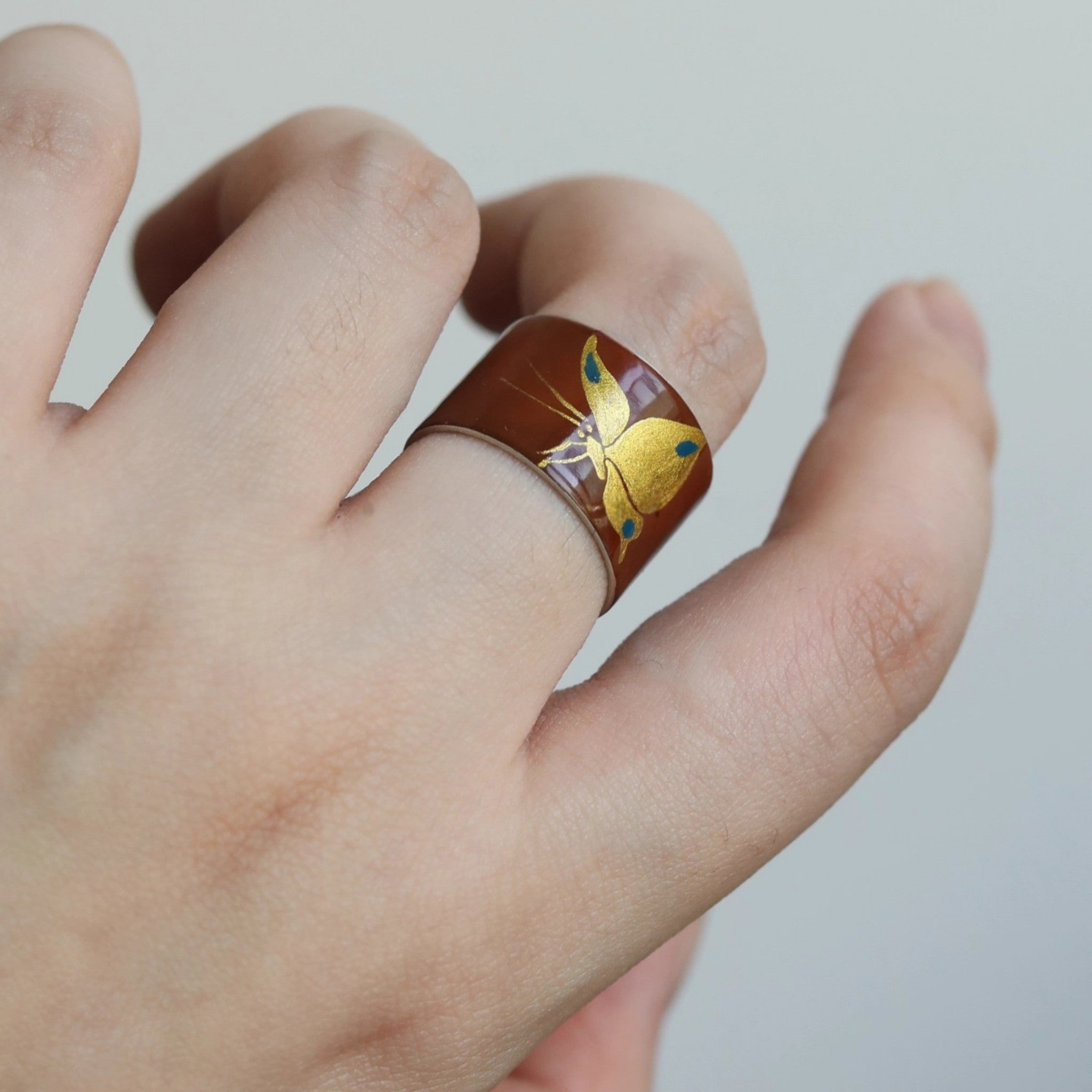 LacLume Butterfly Lacquer Gold HandPainted Butterfly Purple 925 Silver Ring