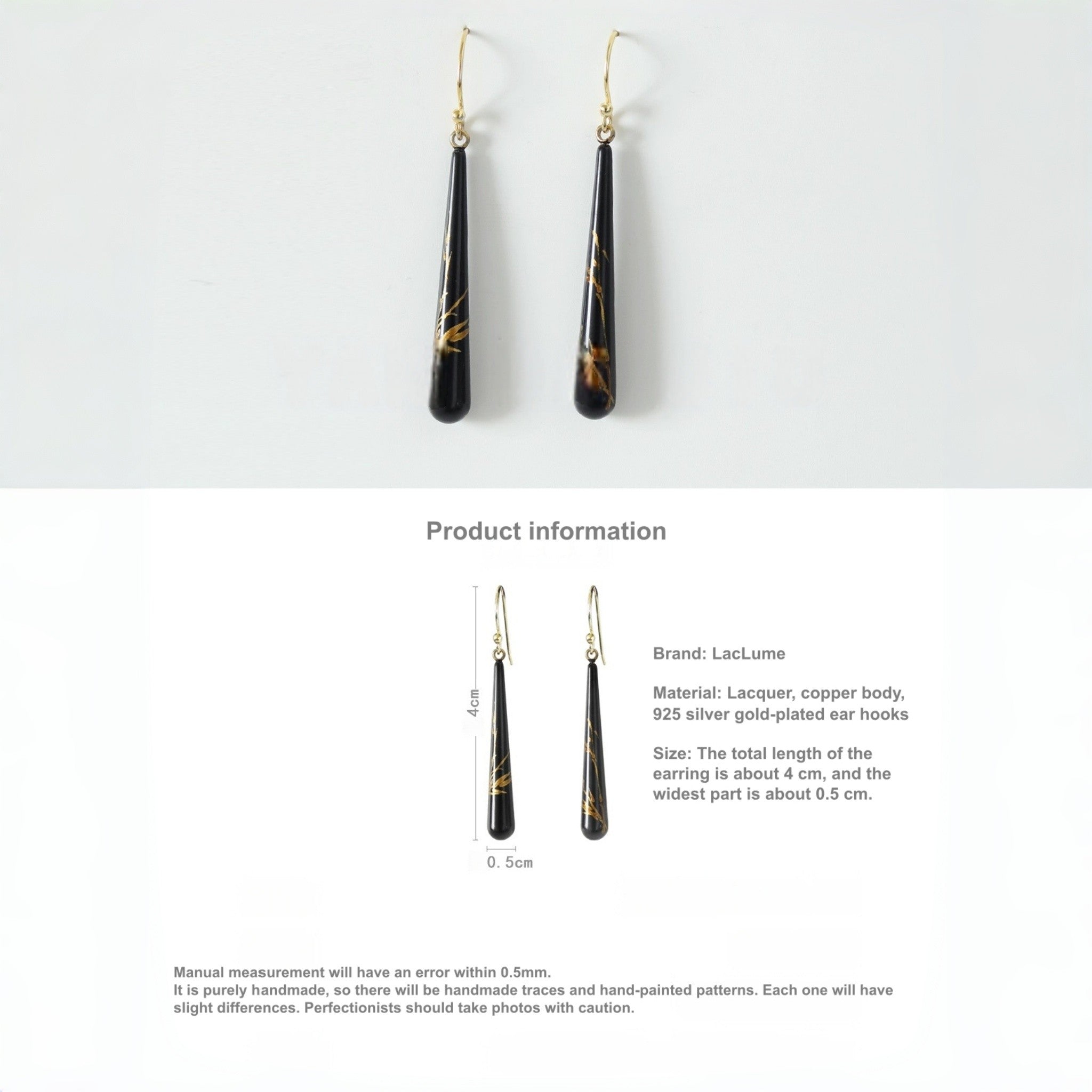 LacLume Lacquer Craft Hand Painted Bamboo Pattern Retro Style Earrings Handmade