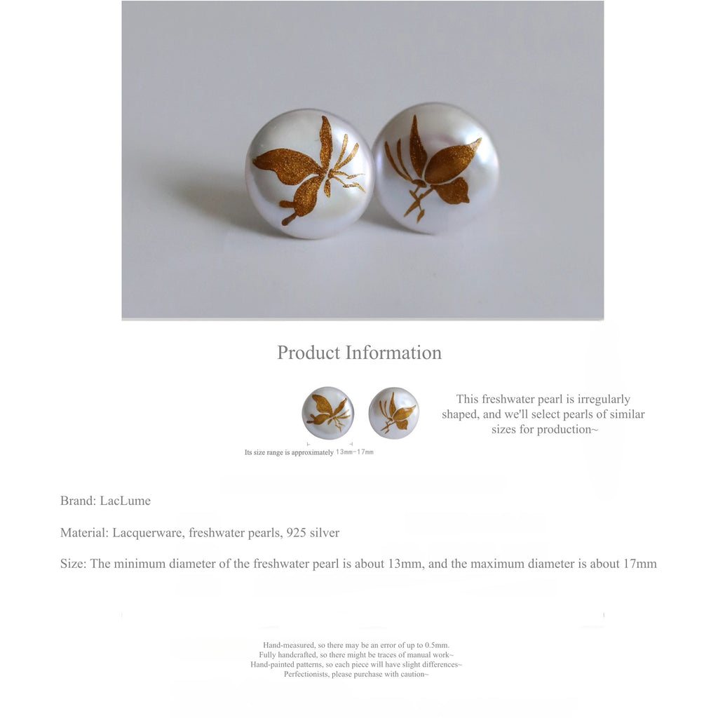 Pair of butterfly-themed earrings on a gray background with product information text. LacLume Hand-Painted Lacquer Earrings Baroque Pearl Gilded Butterfly