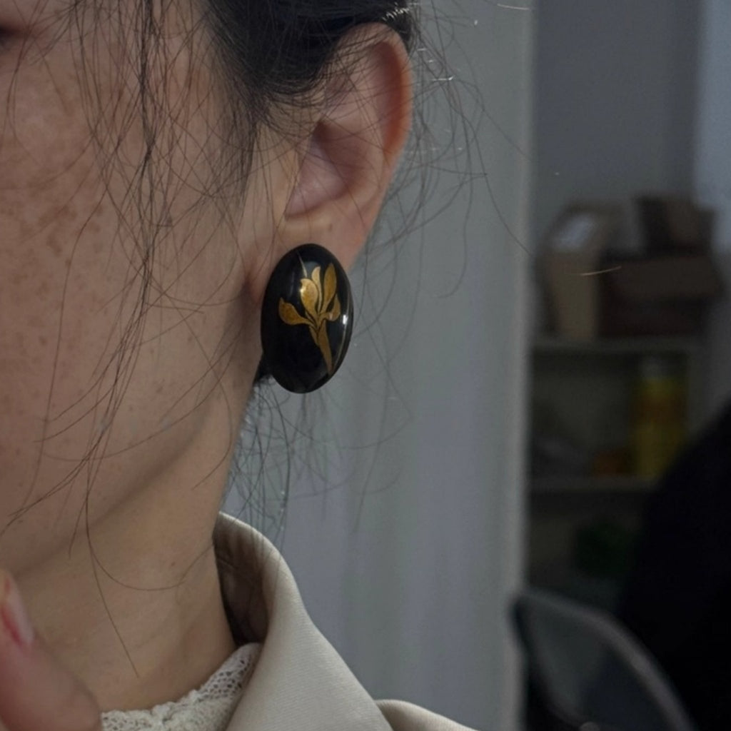 LacLume Original Iris Lacquer Earrings with Gold Traced Hand-Painted Iris Flowers black