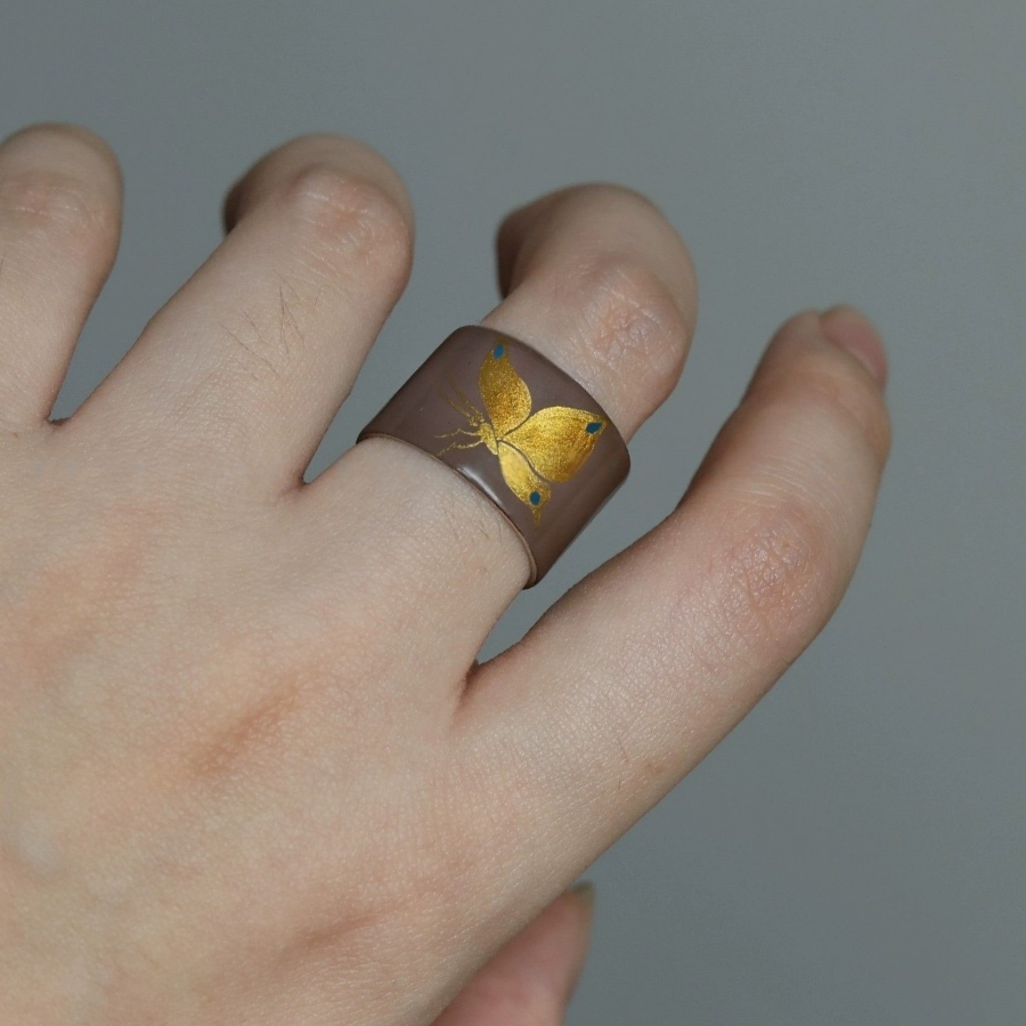 LacLume Butterfly Lacquer Gold HandPainted Butterfly Purple 925 Silver Ring