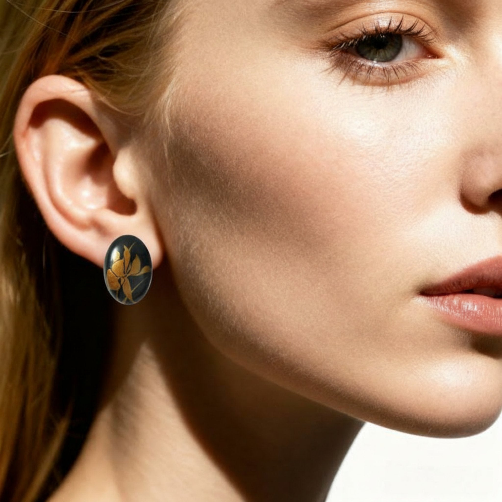 LacLume Original Iris Lacquer Earrings with Gold Traced Hand-Painted Iris Flowers