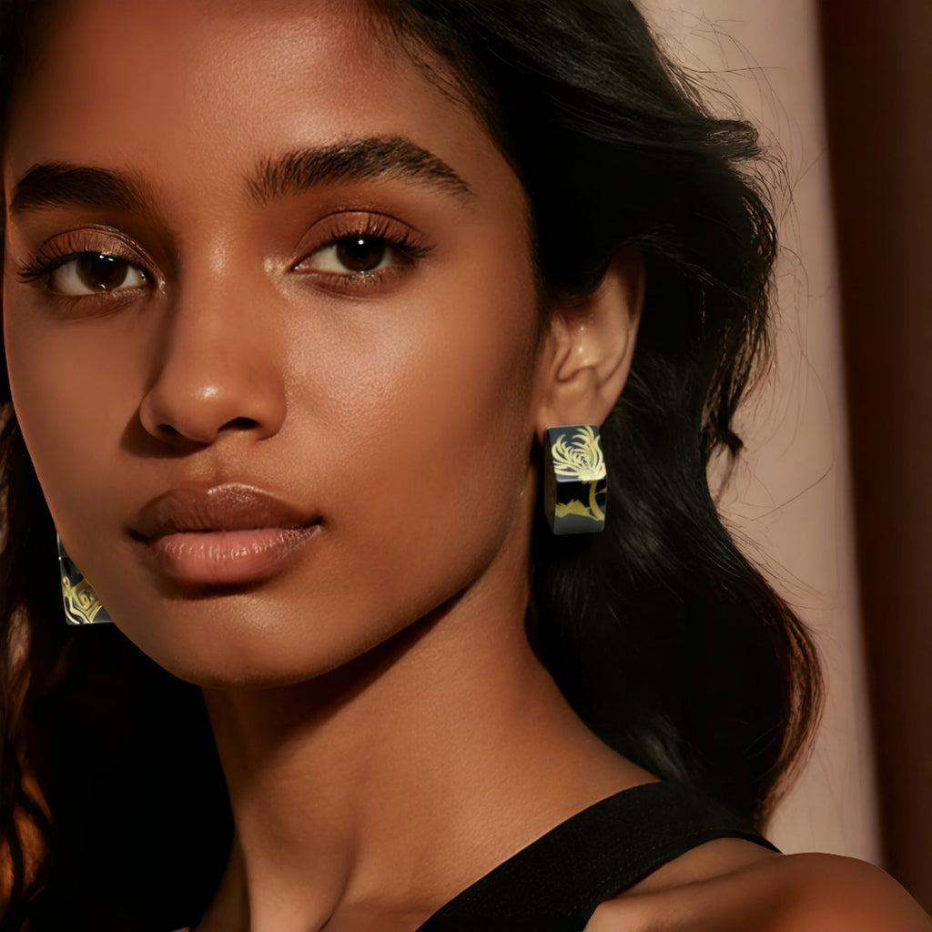 LacLume Handmade 3D Stereo Earrings HandPainted Gold Chrysanthemum Lacquer Style