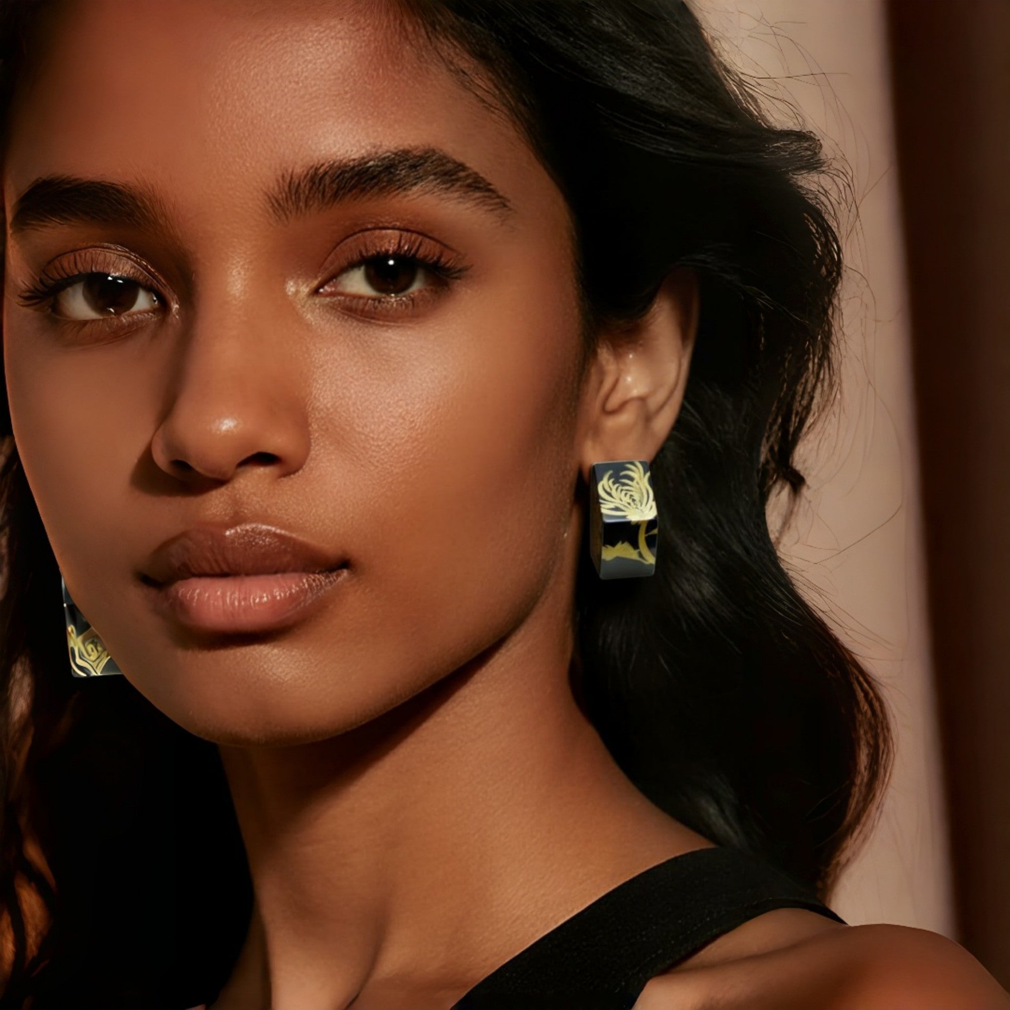 LacLume Handmade 3D Stereo Earrings HandPainted Gold Chrysanthemum Lacquer Style