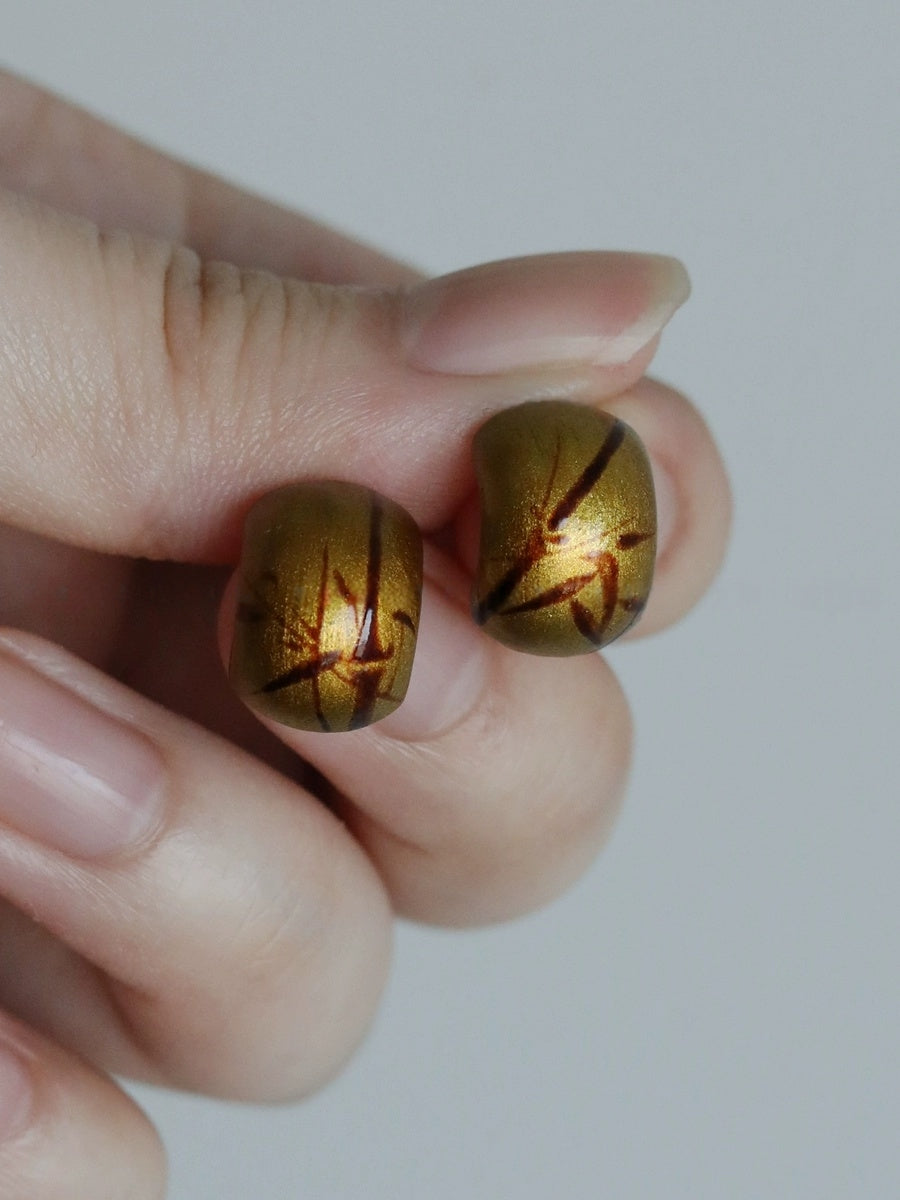 LacLume Original "Blue And White Bamboo" Lacquer Painted Bamboo Pattern 925 Silver Mini Earrings - Silver Lacquerware