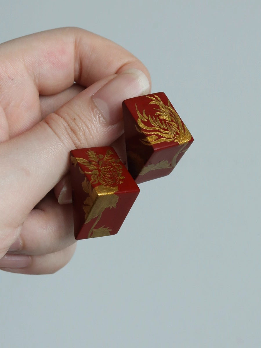LacLume Original Lacquer Gilt Hand-Painted Three-Dimensional Triangle Earrings With Chrysanthemum Pattern-Wooden Lacquerware