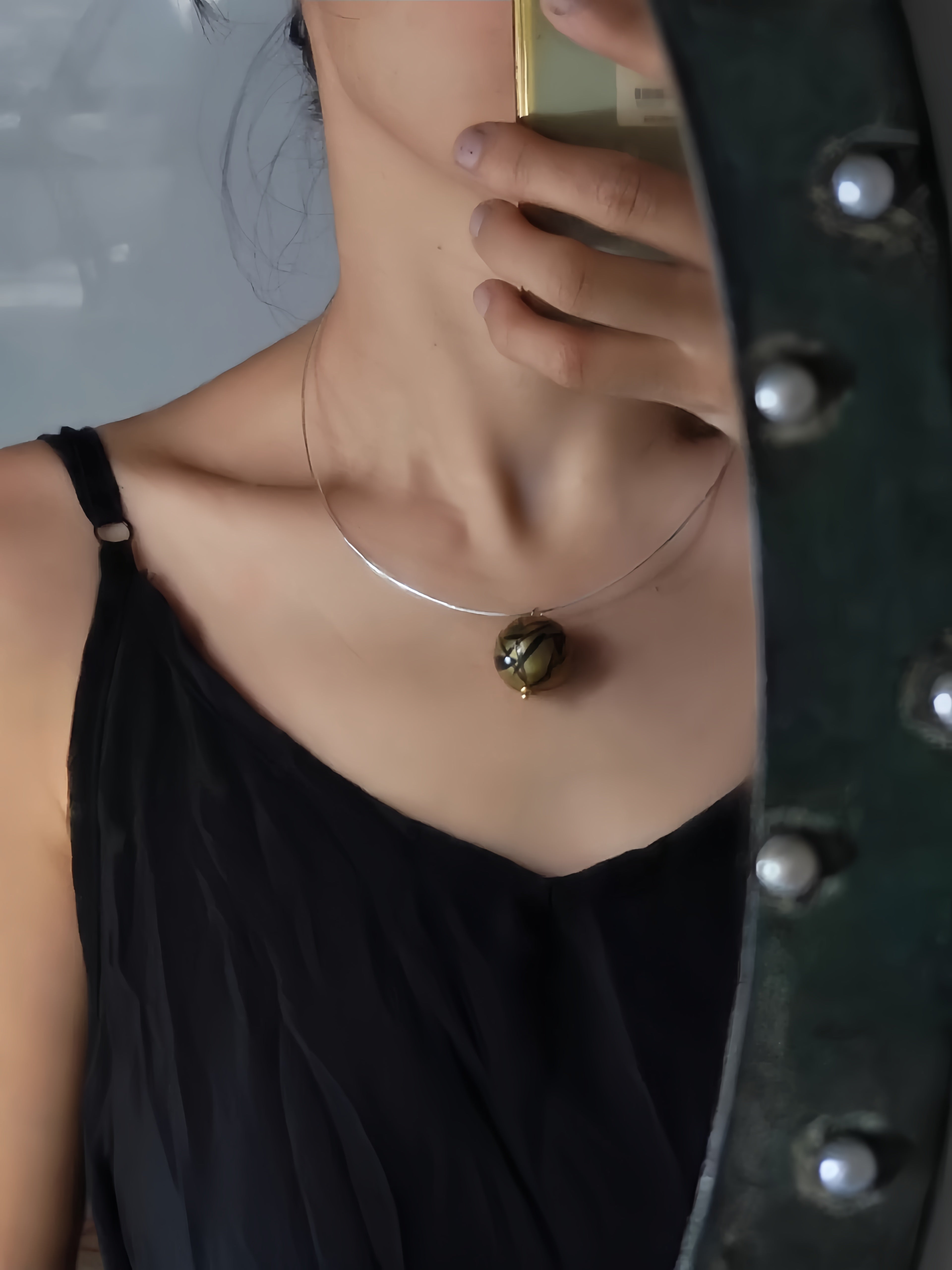 “Old Color” Brass Handpainted Lacquer Ink Bamboo Style Collar Handmade Lacquerware jewelry