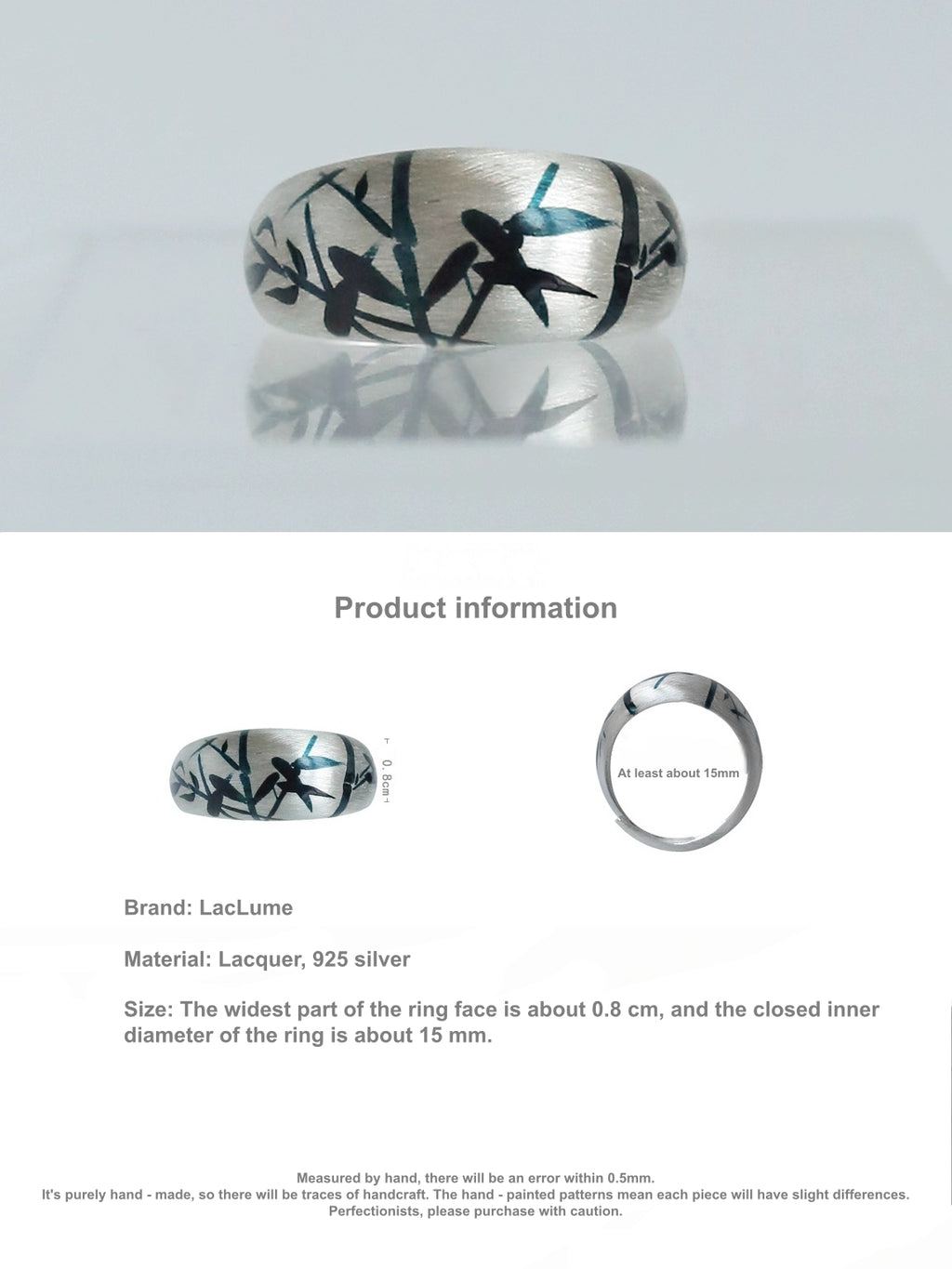 LacLume Original Lacquer Hand-Painted Bamboo Pattern New Style Handmade Silver Ring - Silver Lacquerware