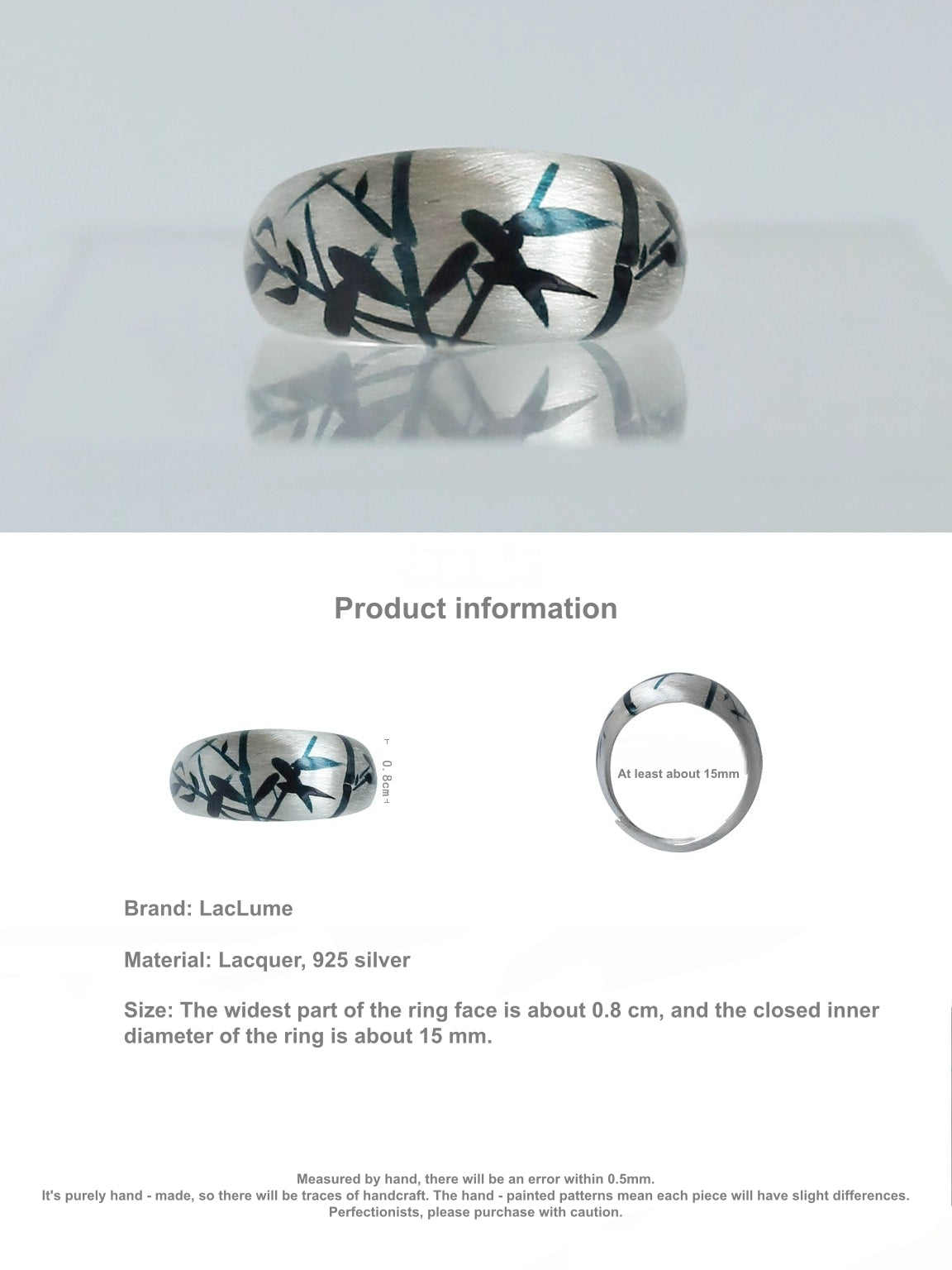 LacLume Original Lacquer Hand-Painted Bamboo Pattern New Style Handmade Silver Ring - Silver Lacquerware