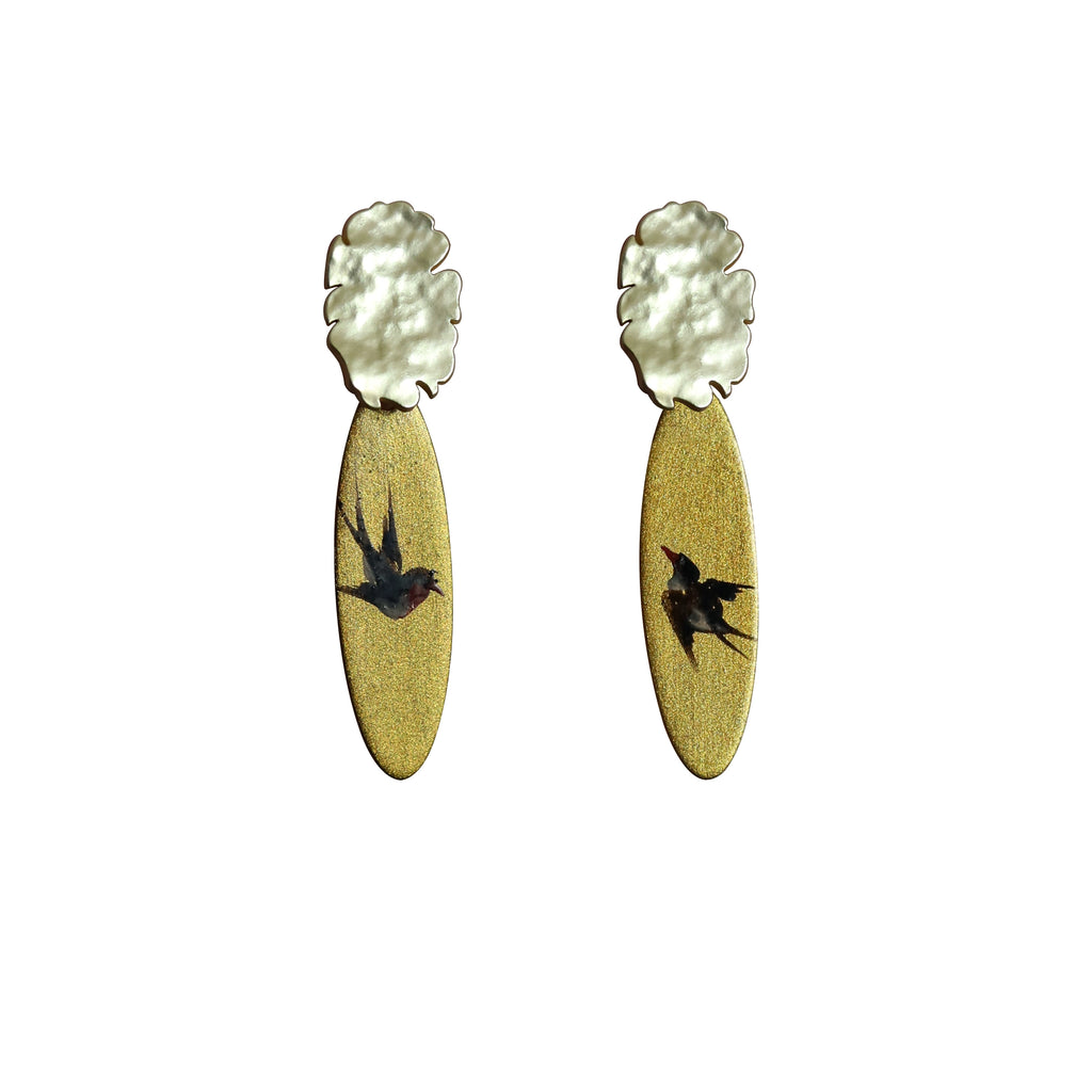 LacLume Lacquer Craft Hand-Painted Flying Swallow New Style Earrings - Hand-Made Copper Tire Lacquerware