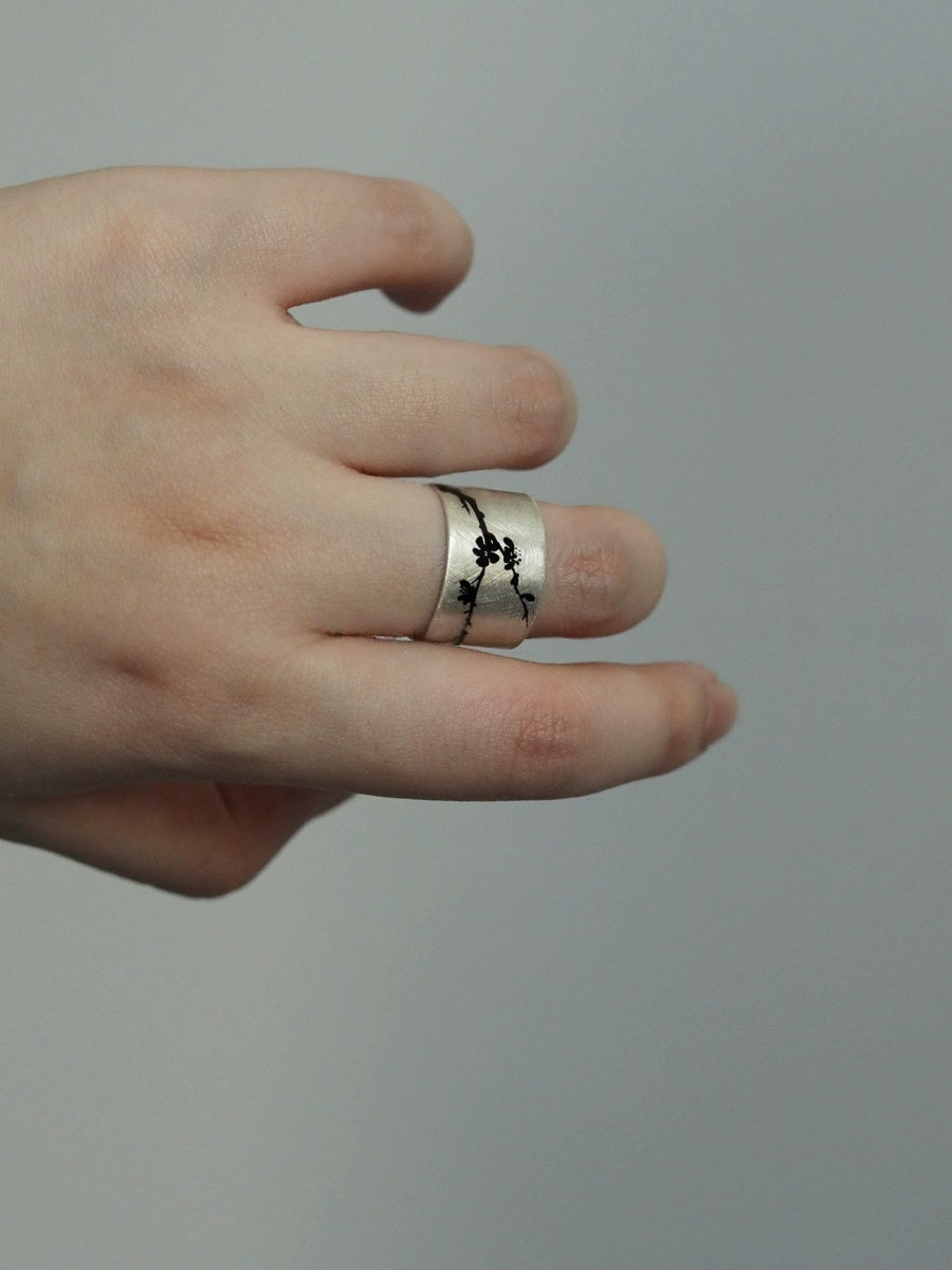 LacLume Lacquer Hand-Painted Peach Blossom New Chinese Style Silver Ring - Handmade Silver Lacquerware