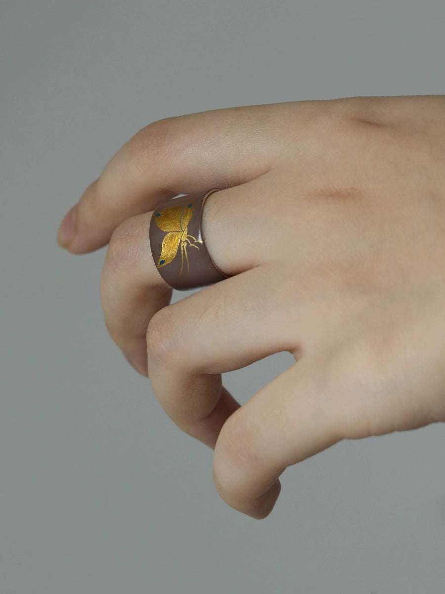 LacLume Butterfly Lacquer Gold Hand-Painted Butterfly Purple 925 Silver Ring