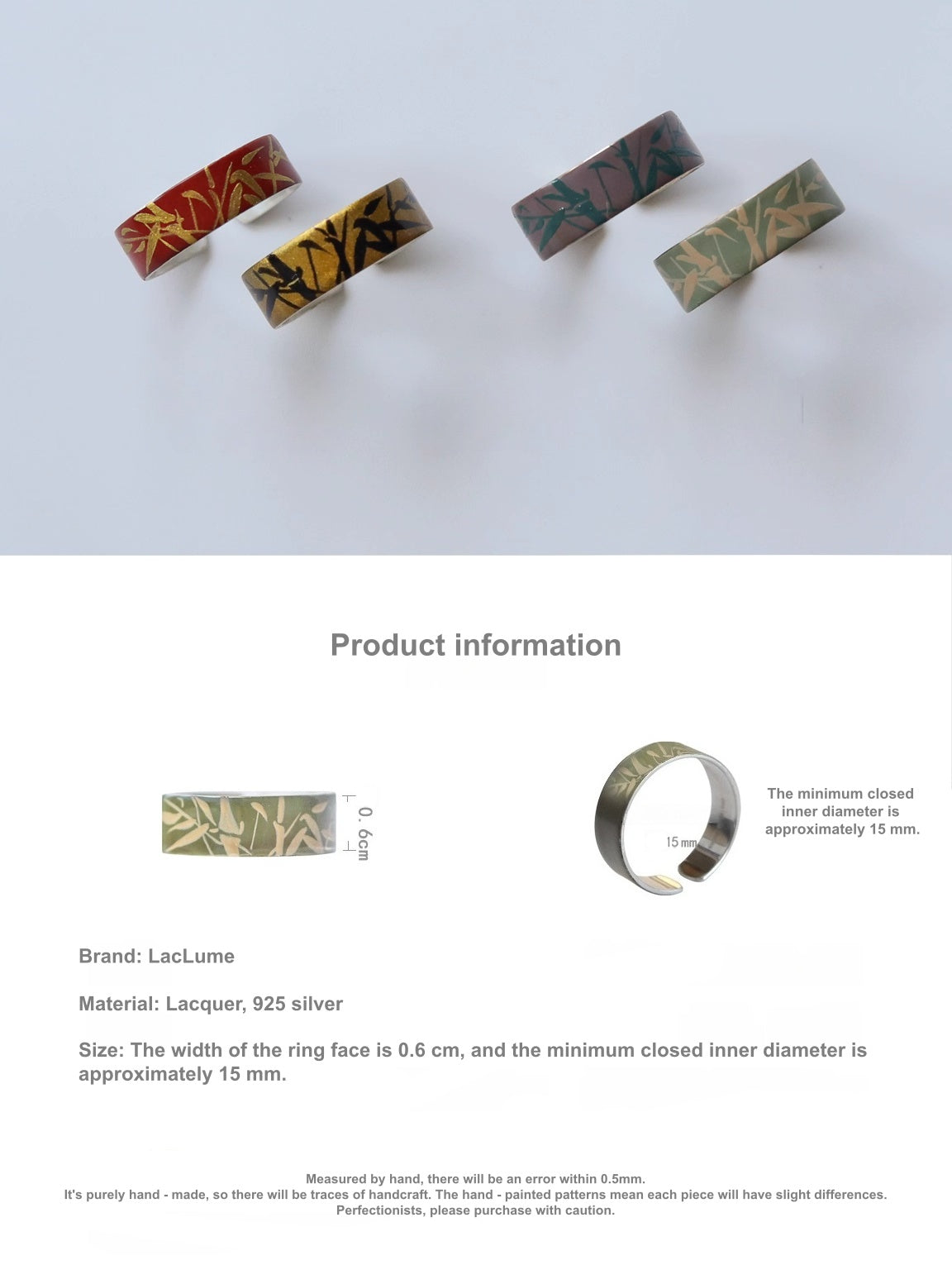 LacLume Original "Bamboo" Lacquer Painting Process, Hand-Painted Bamboo Pattern, New Style Silver Ring, Hand-Made Silver Lacquerware