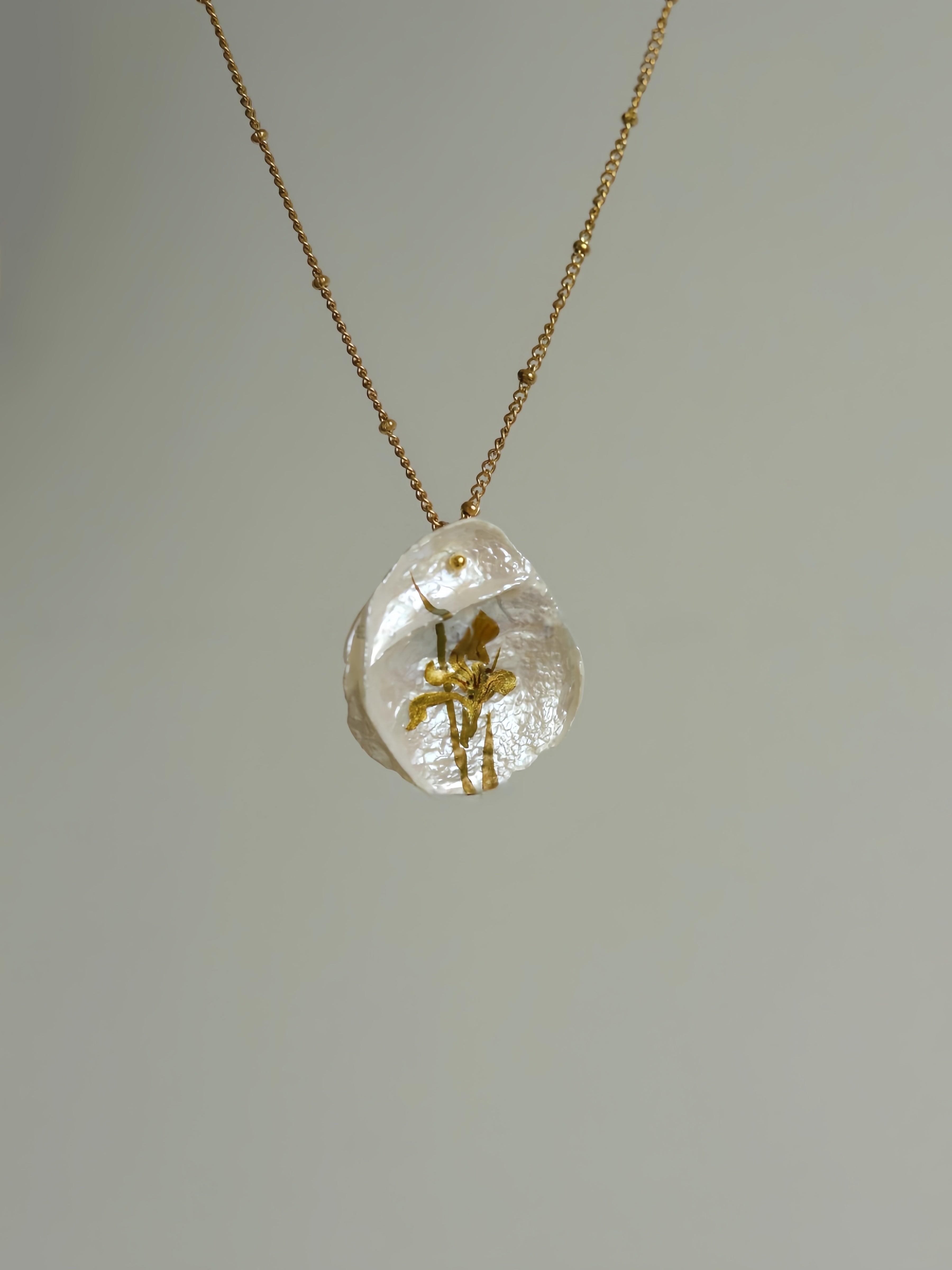 "Irises On Pearls" Lacquer Craft Handpainted Flower Necklace And Earrings Handmade Jewelry