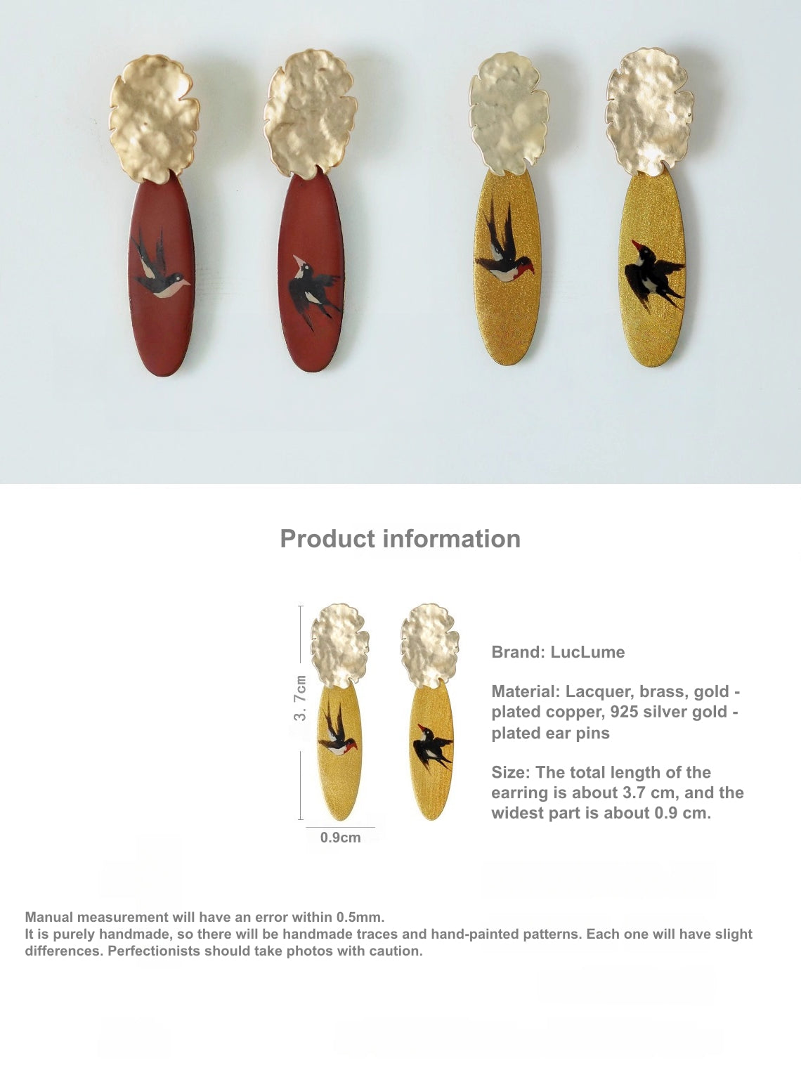 LacLume Lacquer Craft Hand-Painted Flying Swallow New Style Earrings - Hand-Made Copper Tire Lacquerware