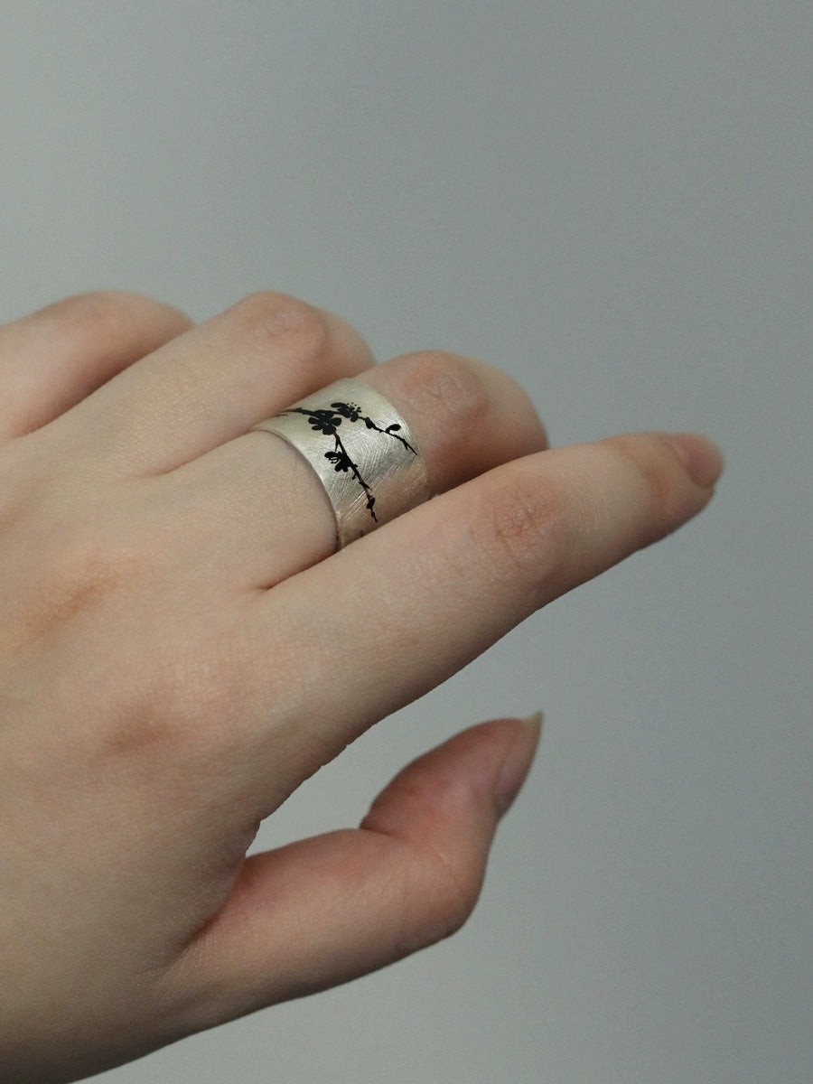 LacLume Lacquer Hand-Painted Peach Blossom New Chinese Style Silver Ring - Handmade Silver Lacquerware