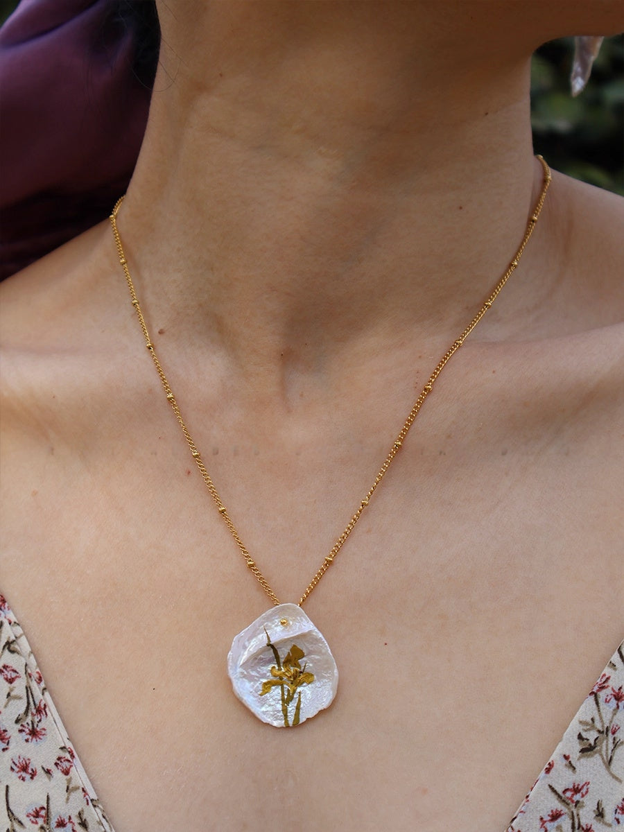 "Irises On Pearls" Lacquer Craft Handpainted Flower Necklace And Earrings Handmade Jewelry