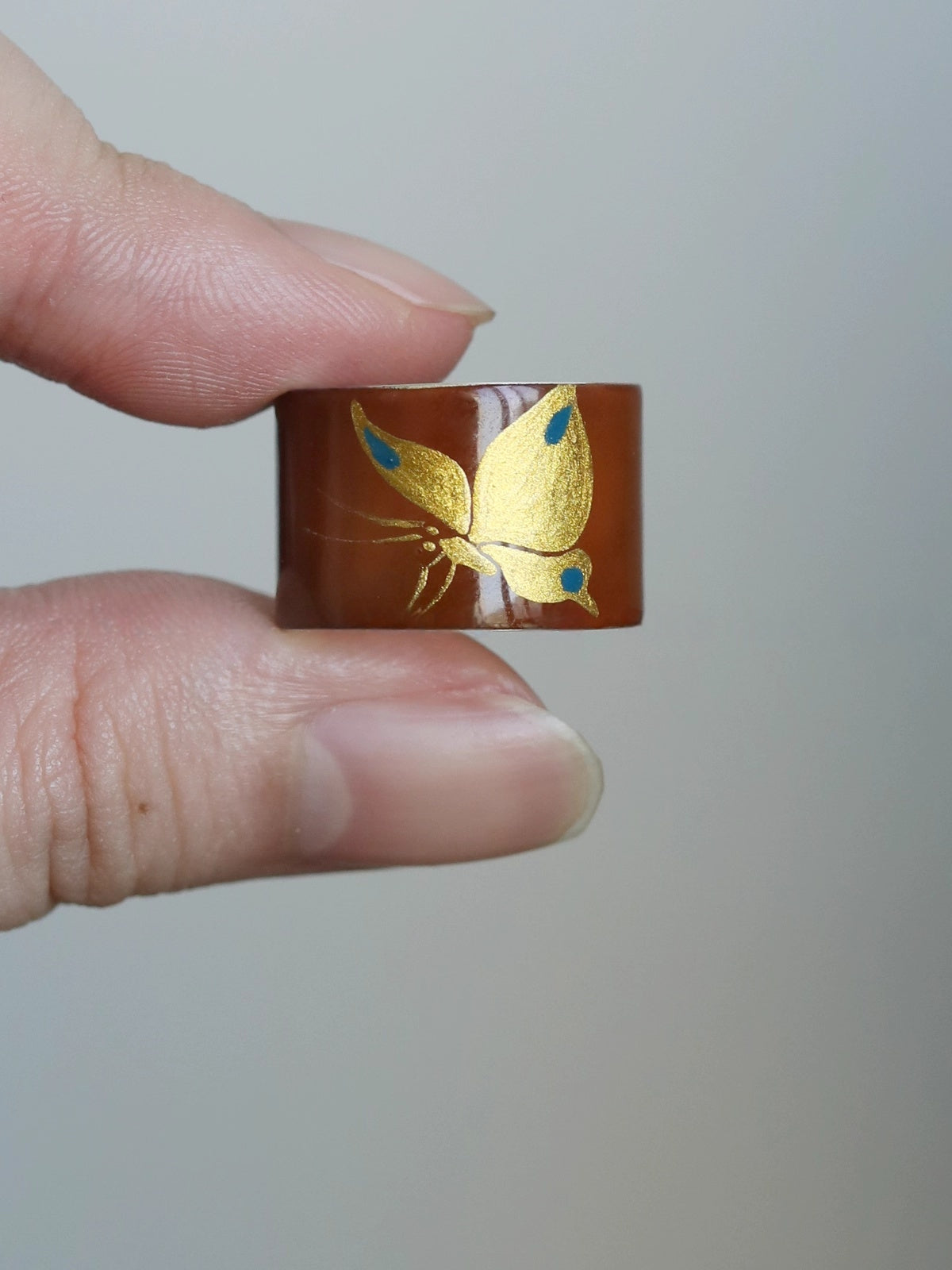 LacLume Butterfly Lacquer Gold Hand-Painted Butterfly Purple 925 Silver Ring