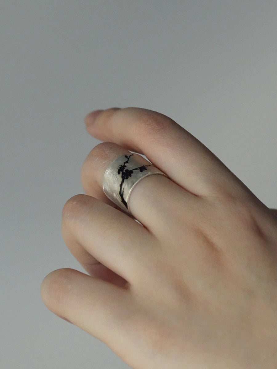 LacLume Lacquer Hand-Painted Peach Blossom New Chinese Style Silver Ring - Handmade Silver Lacquerware