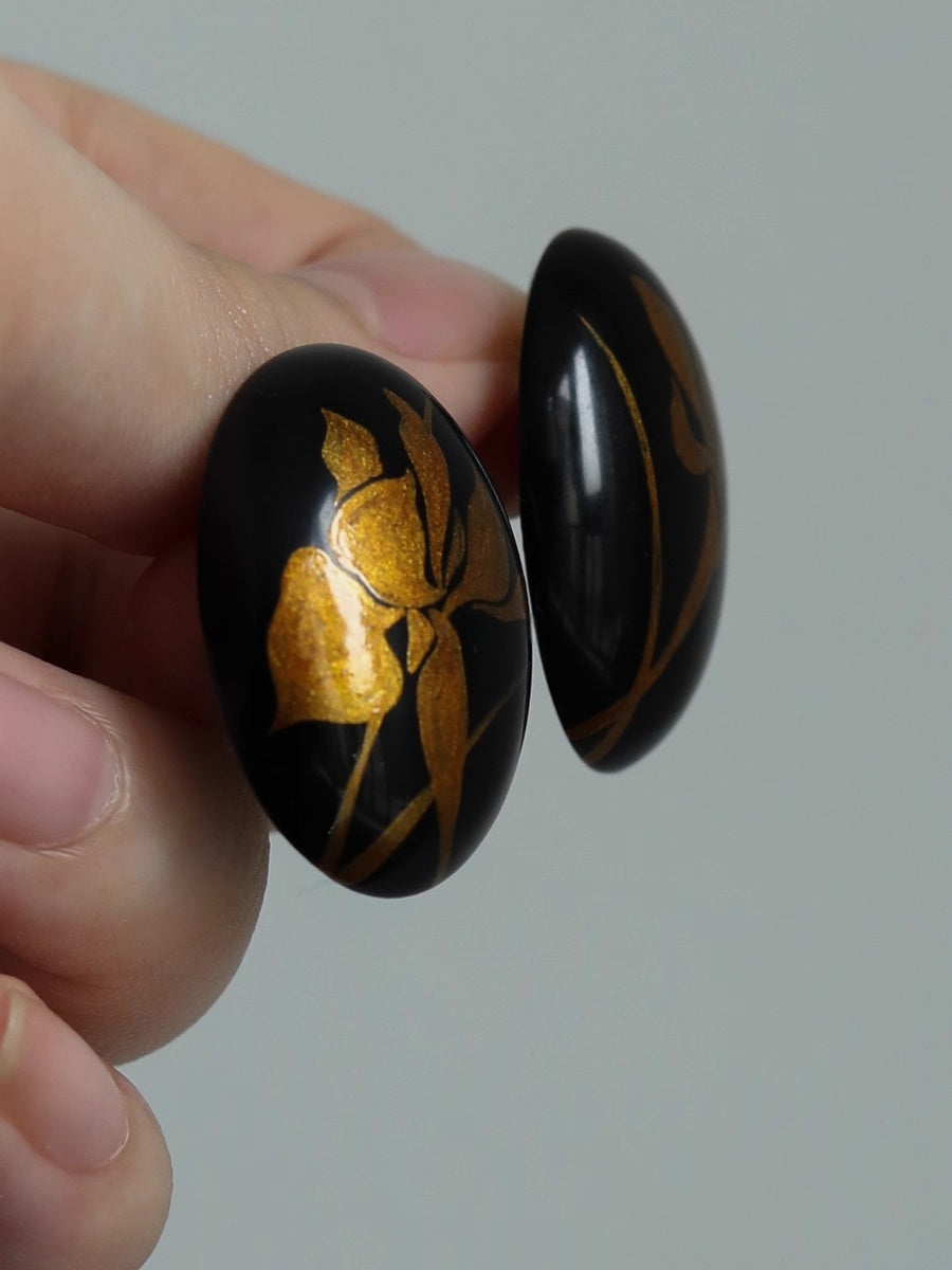 LacLume Original "Iris" Lacquer Earrings with Gold Traced Hand-Painted Iris Flowers