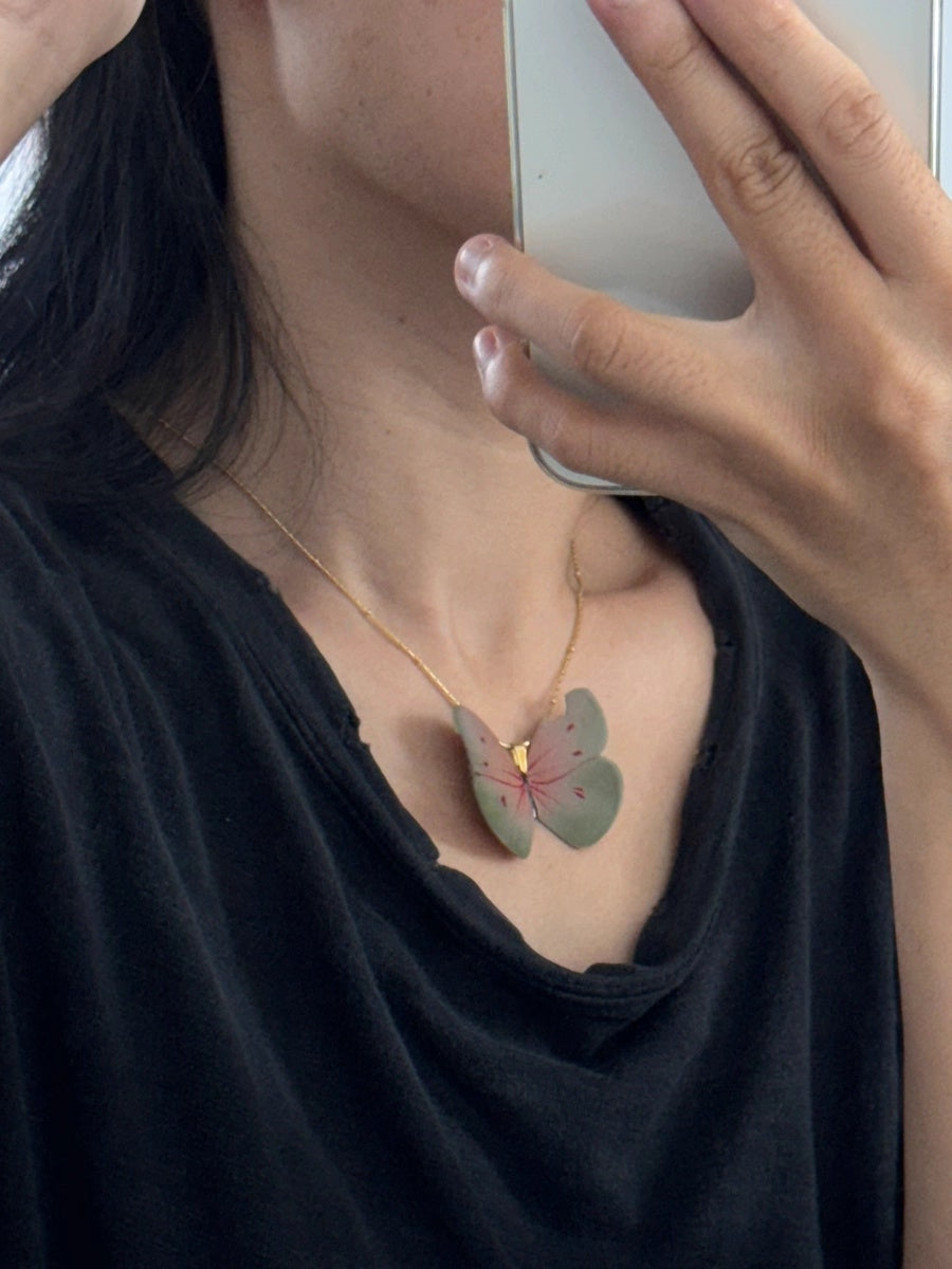 Pink Butterfly Original Lacquer Craft Hand-Painted Butterfly Oil Painting Girl'S Necklace - Handmade Copper Lacquerware