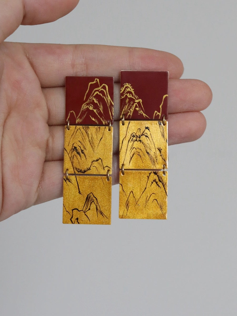 LacLume Original Lacquer Craft Hand-Painted Mountain Peaks New Style Large Earrings Hand-Made Copper Tire Lacquerware