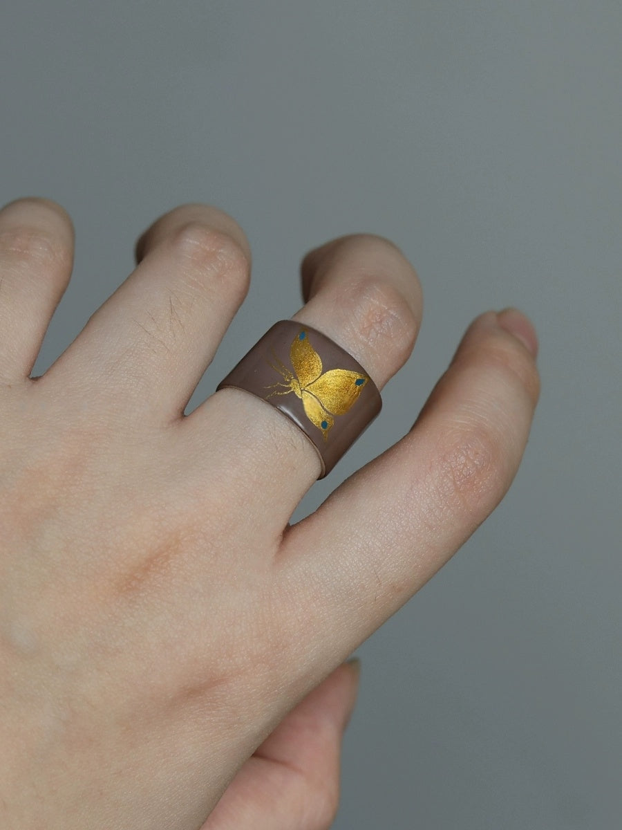 LacLume Butterfly Lacquer Gold Hand-Painted Butterfly Purple 925 Silver Ring