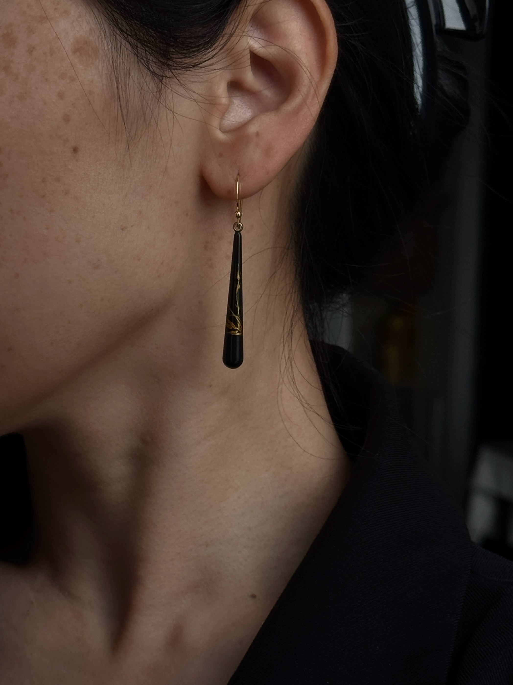 LacLume Lacquer Craft Hand-Painted Bamboo Pattern New Style Earrings-Handmade Copper Tire Lacquerware