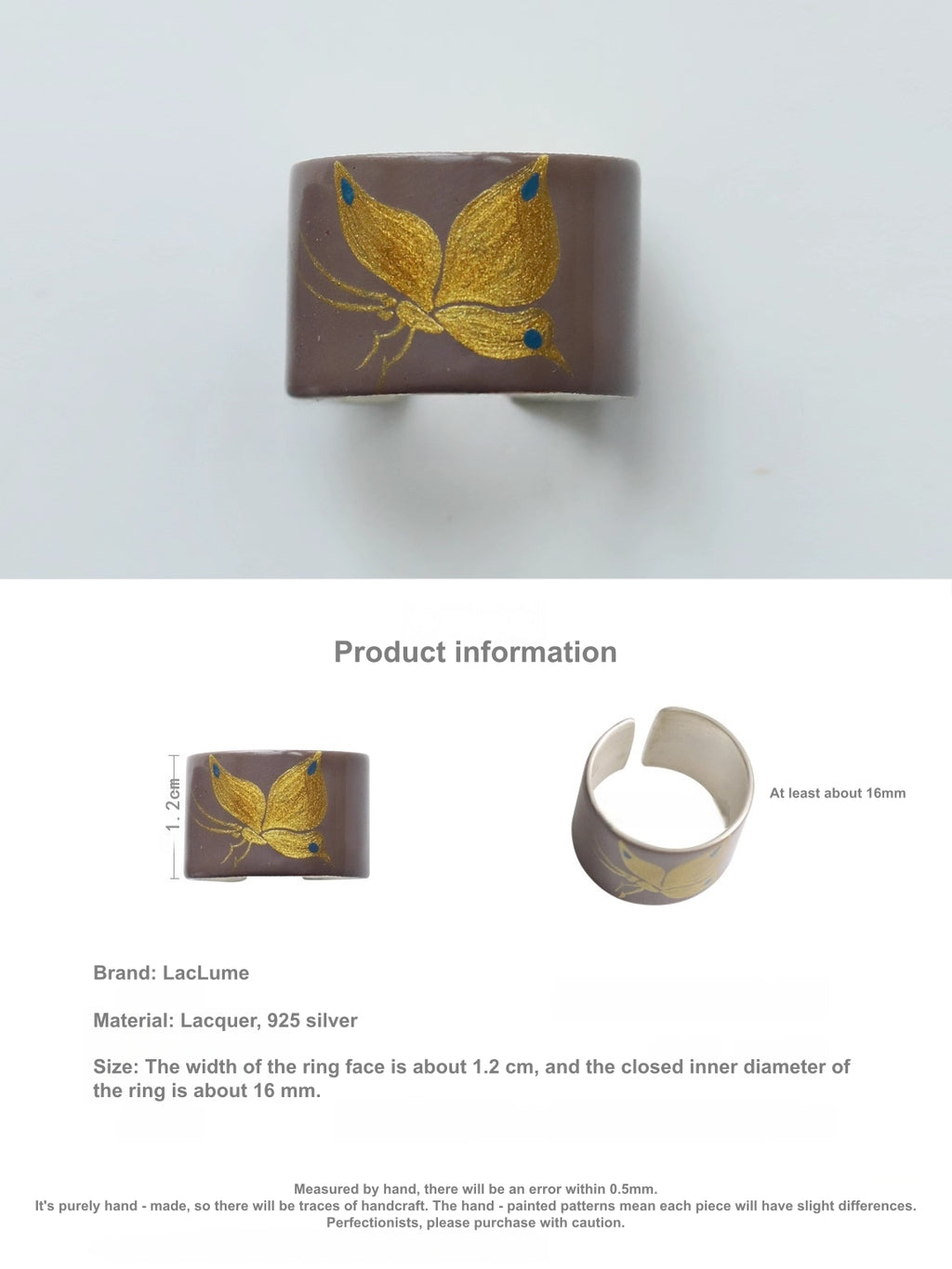 LacLume Butterfly Lacquer Gold Hand-Painted Butterfly Purple 925 Silver Ring