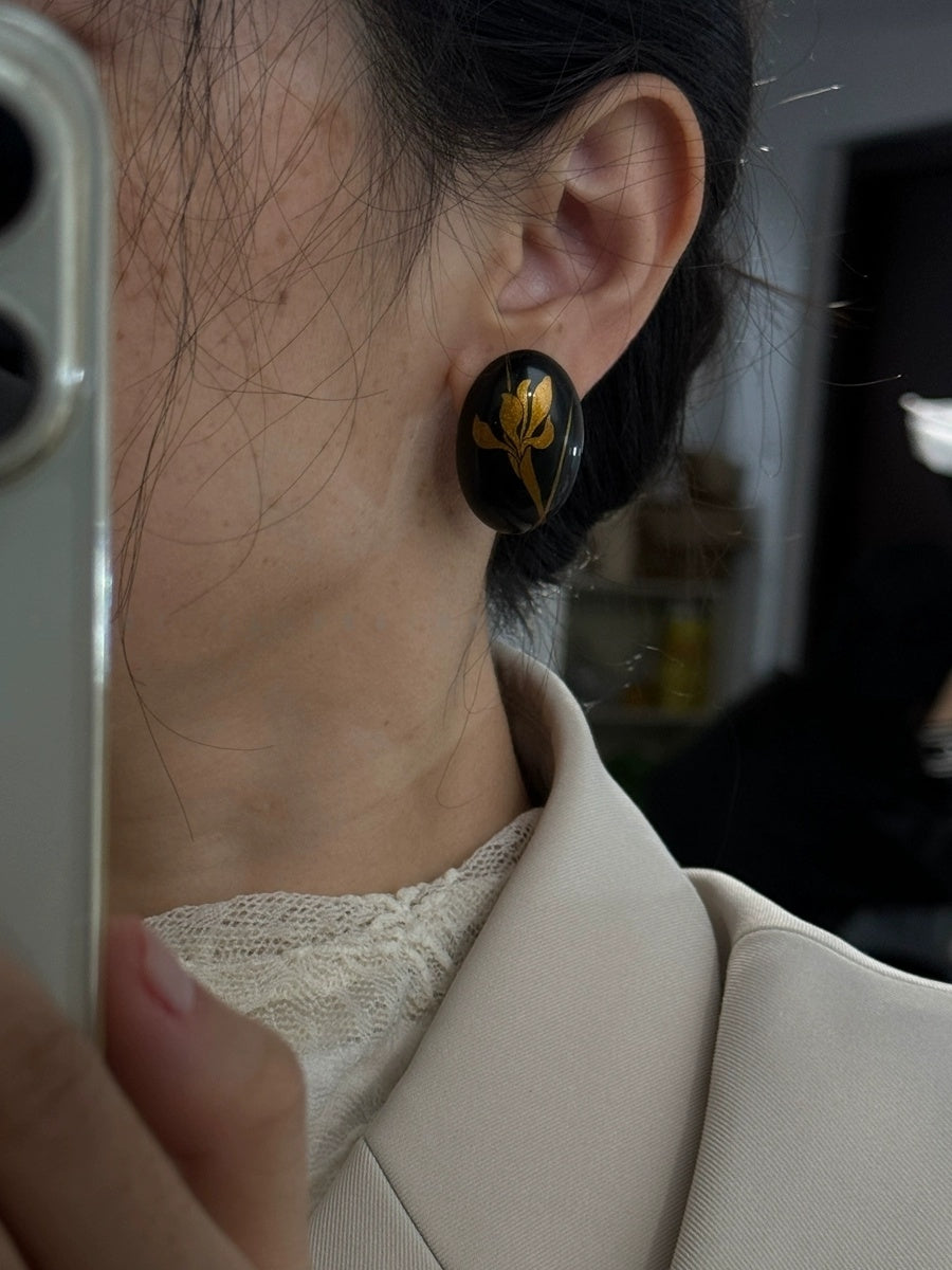 LacLume Original "Iris" Lacquer Earrings with Gold Traced Hand-Painted Iris Flowers