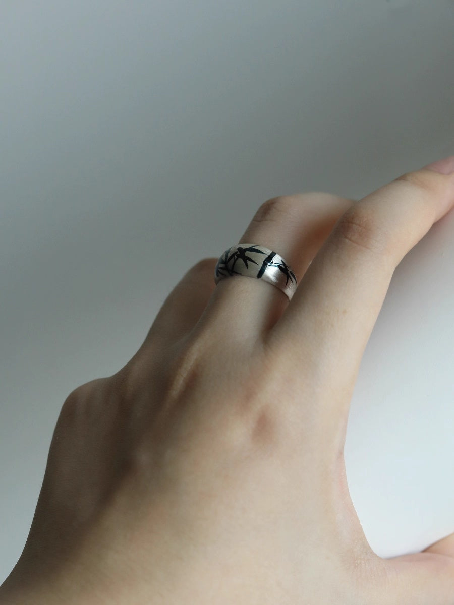 LacLume Original Lacquer Hand-Painted Bamboo Pattern New Style Handmade Silver Ring - Silver Lacquerware