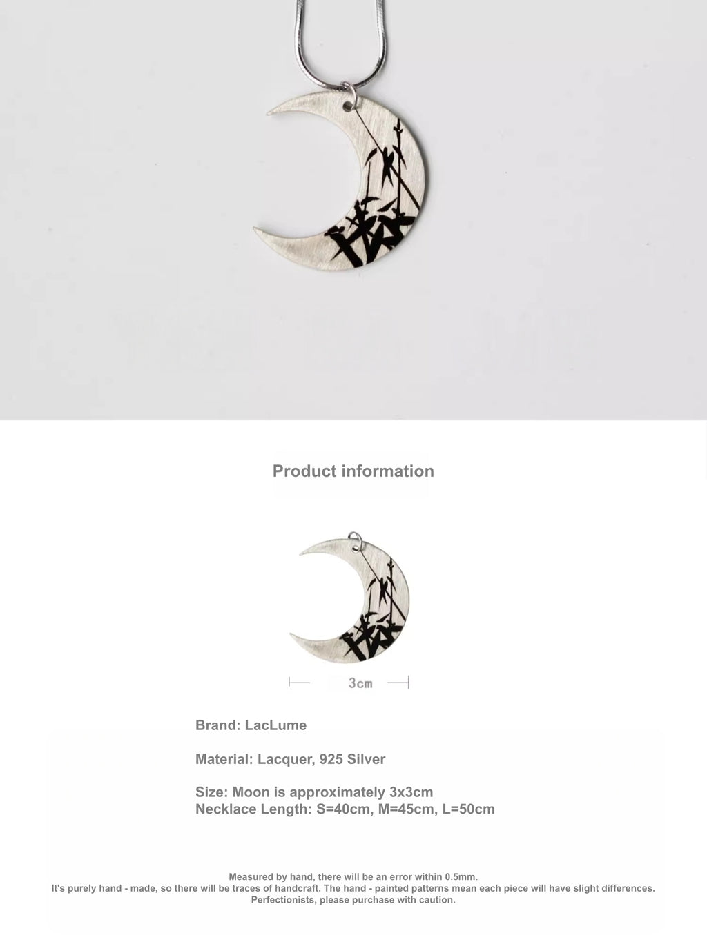 “Moon Shadow" Lacquer Handpainted Bamboo Pattern New Style Crescent Necklace - Silver Lacquerware