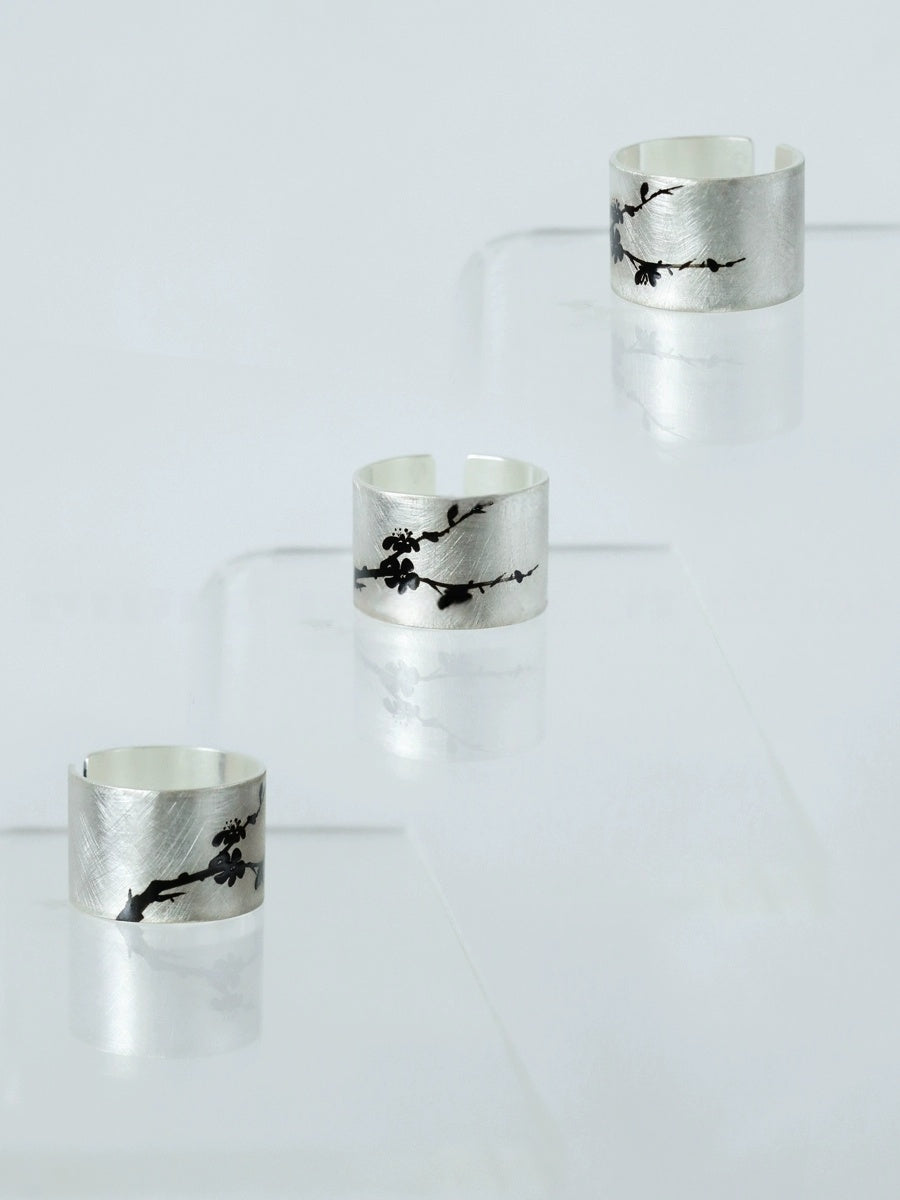 LacLume Lacquer Hand-Painted Peach Blossom New Chinese Style Silver Ring - Handmade Silver Lacquerware