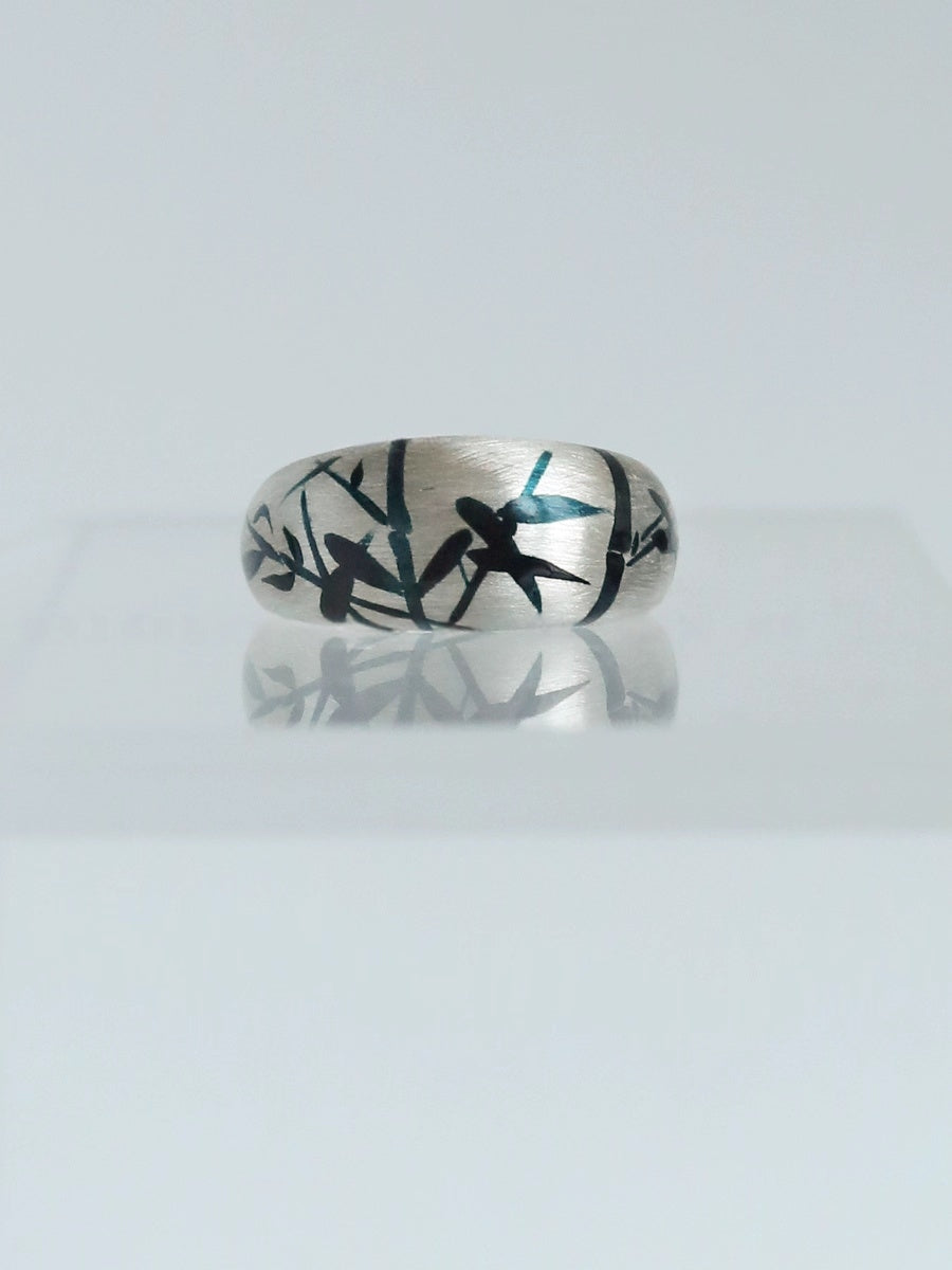 LacLume Original Lacquer Hand-Painted Bamboo Pattern New Style Handmade Silver Ring - Silver Lacquerware