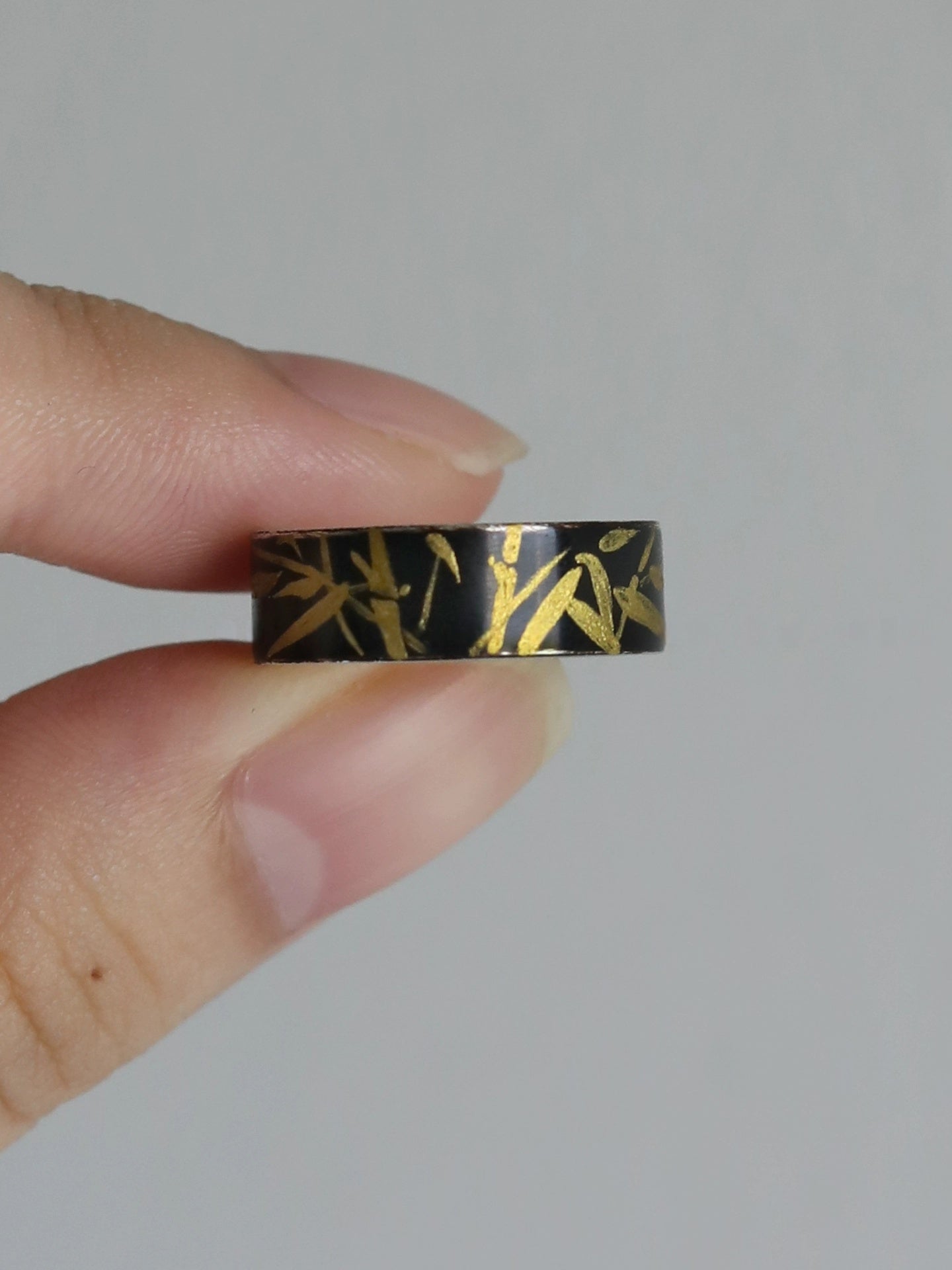 LacLume Original "Bamboo" Lacquer Painting Process, Hand-Painted Bamboo Pattern, New Style Silver Ring, Hand-Made Silver Lacquerware