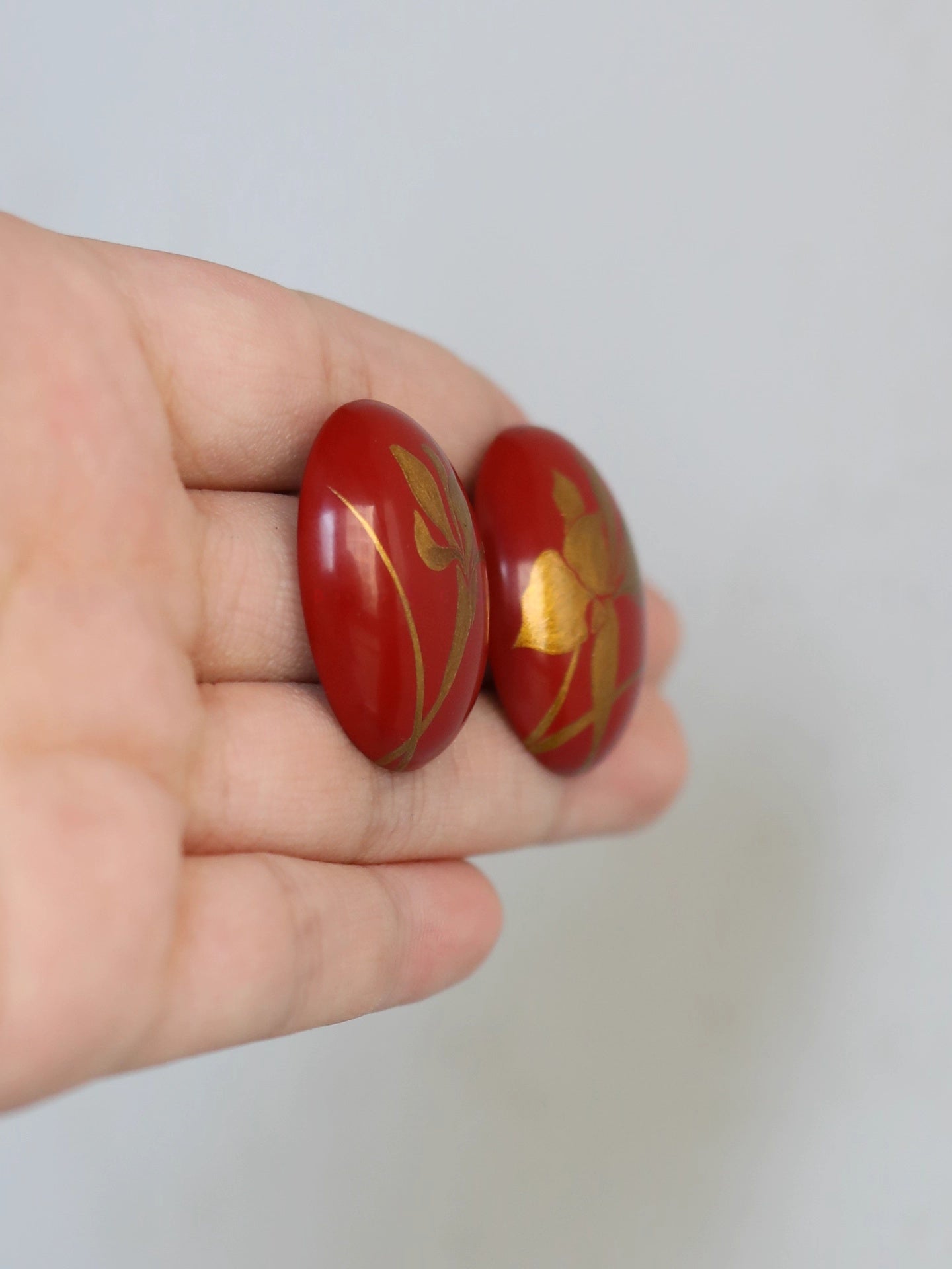 LacLume Original "Iris" Lacquer Earrings with Gold Traced Hand-Painted Iris Flowers