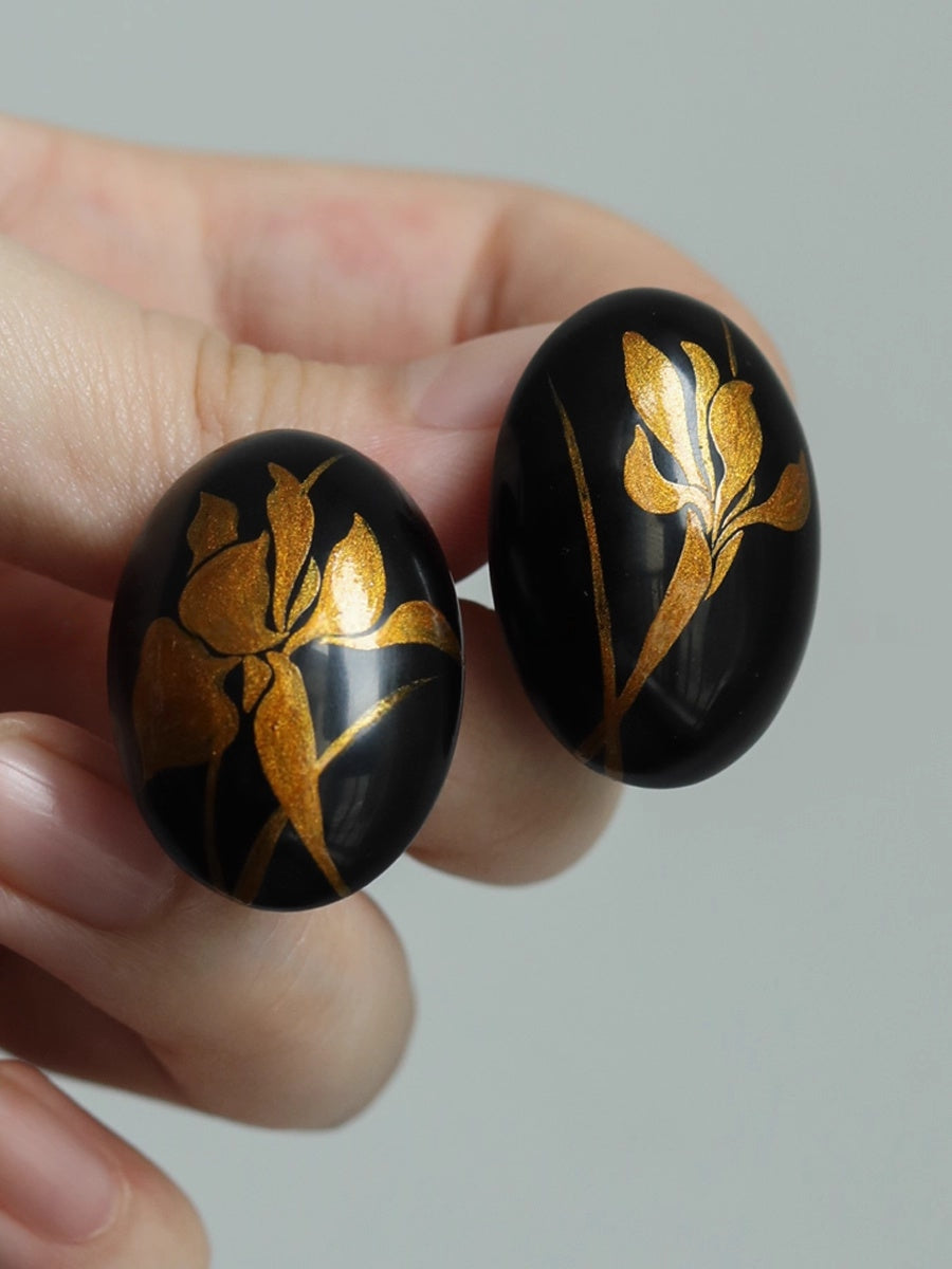 LacLume Original "Iris" Lacquer Earrings with Gold Traced Hand-Painted Iris Flowers