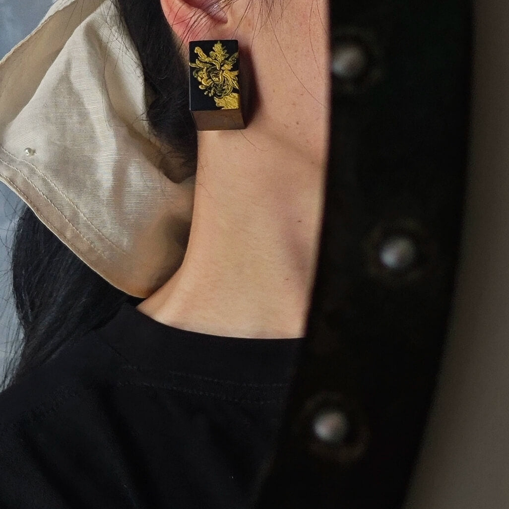 LacLume Handmade 3D Stereo Earrings HandPainted Gold Chrysanthemum Lacquer Style