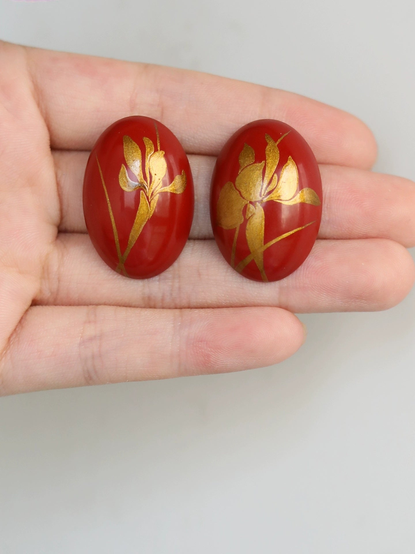 LacLume Original "Iris" Lacquer Earrings with Gold Traced Hand-Painted Iris Flowers