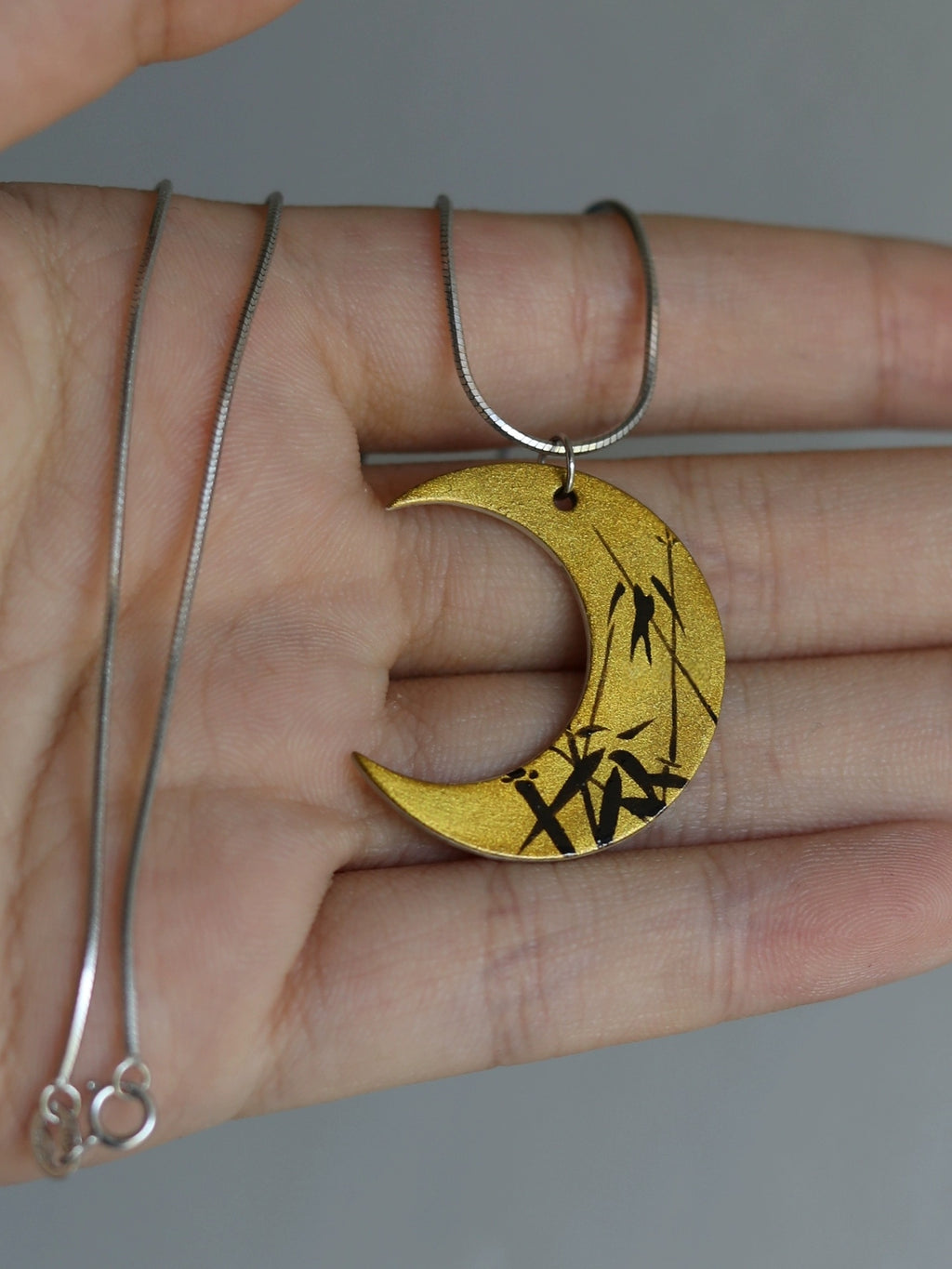 LacLume HandPainted Lacquer Crescent Necklace "Moon Shadow" Bamboo Pattern Silver Lacquerware