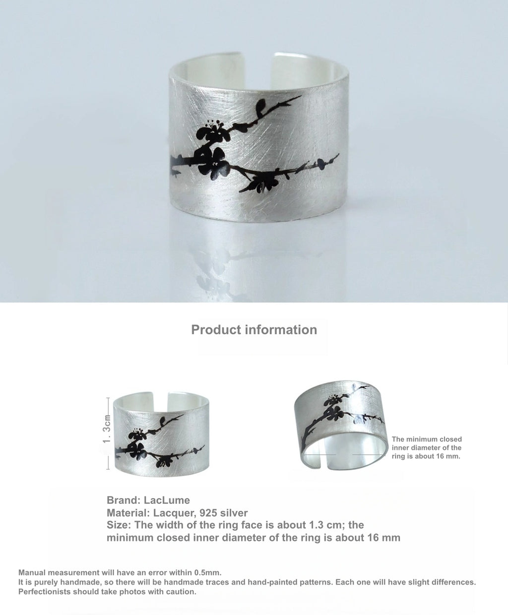 LacLume Lacquer Hand-Painted Peach Blossom New Chinese Style Silver Ring - Handmade Silver Lacquerware