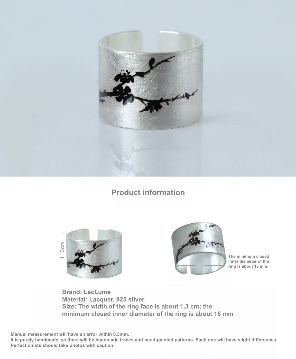 LacLume Lacquer Hand-Painted Peach Blossom New Chinese Style Silver Ring - Handmade Silver Lacquerware