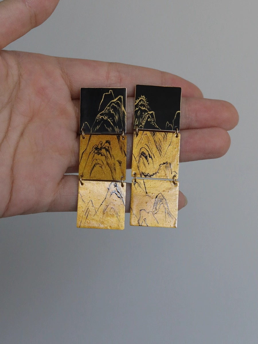 LacLume Original Lacquer Craft Hand-Painted Mountain Peaks New Style Large Earrings Hand-Made Copper Tire Lacquerware