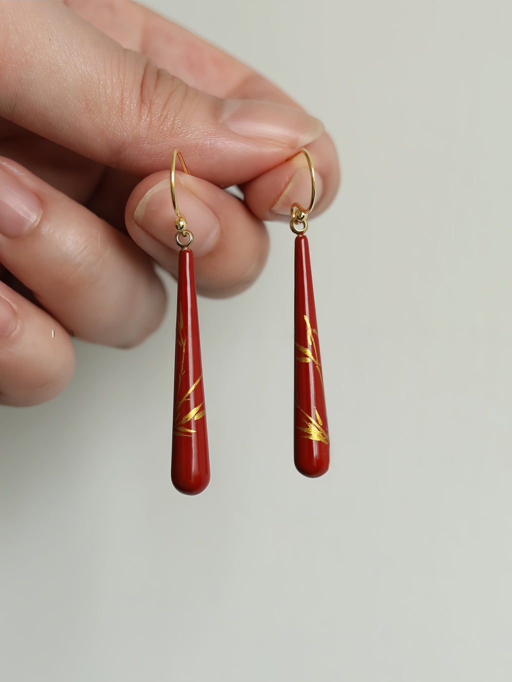 LacLume Lacquer Craft Hand-Painted Bamboo Pattern New Style Earrings-Handmade Copper Tire Lacquerware