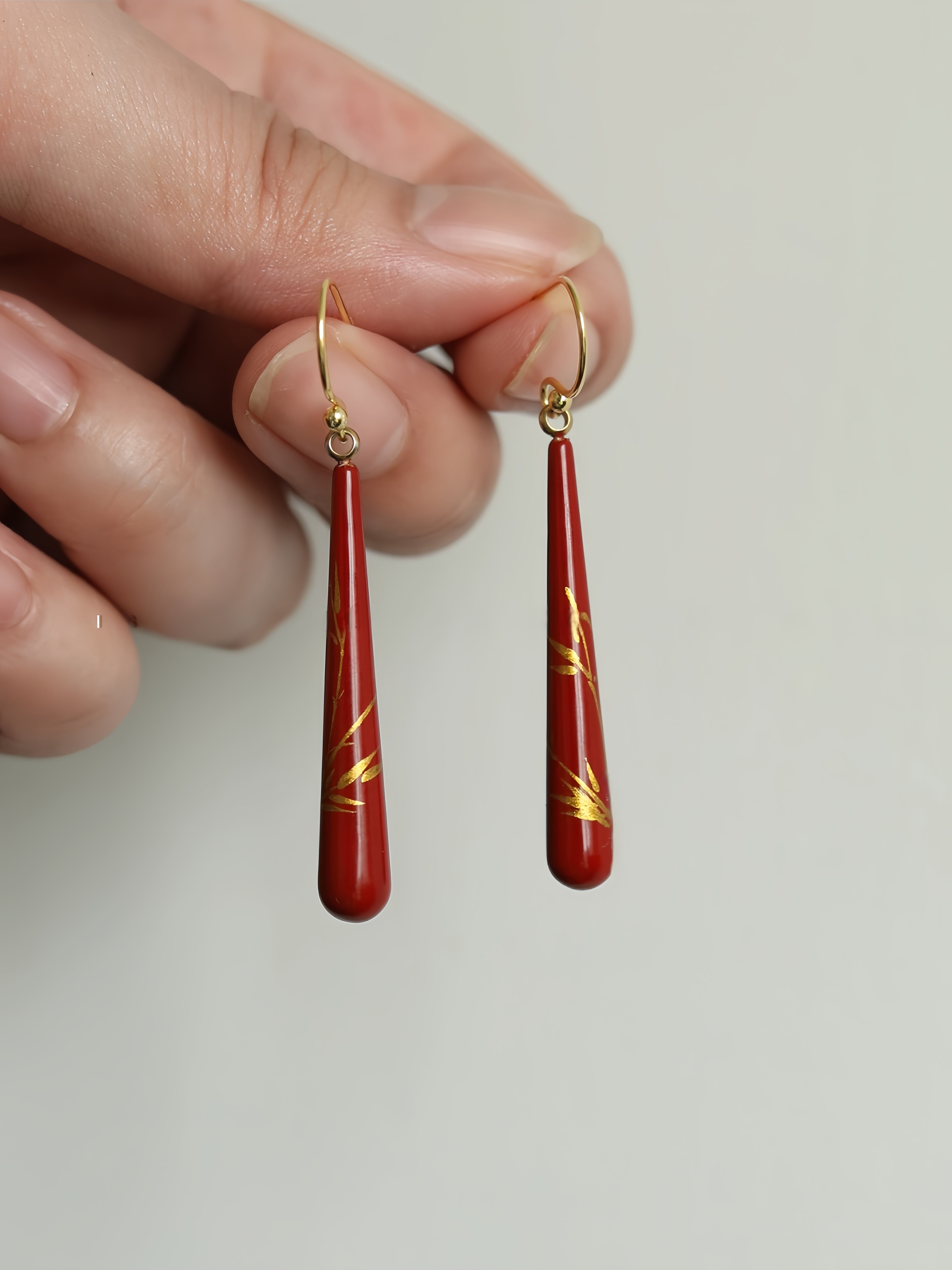 LacLume Lacquer Craft Hand-Painted Bamboo Pattern New Style Earrings-Handmade Copper Tire Lacquerware