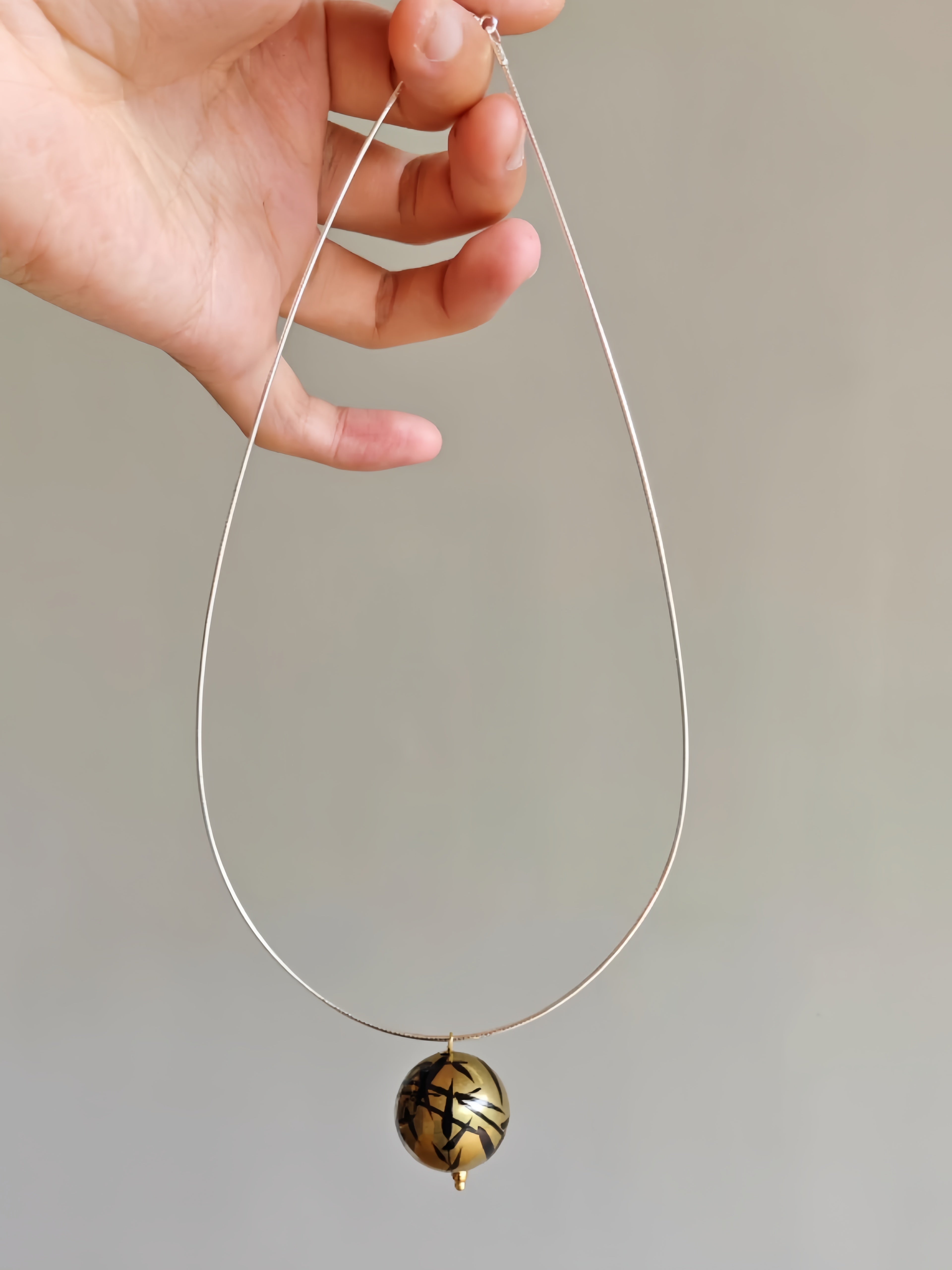 “Old Color” Brass Handpainted Lacquer Ink Bamboo Style Collar Handmade Lacquerware jewelry