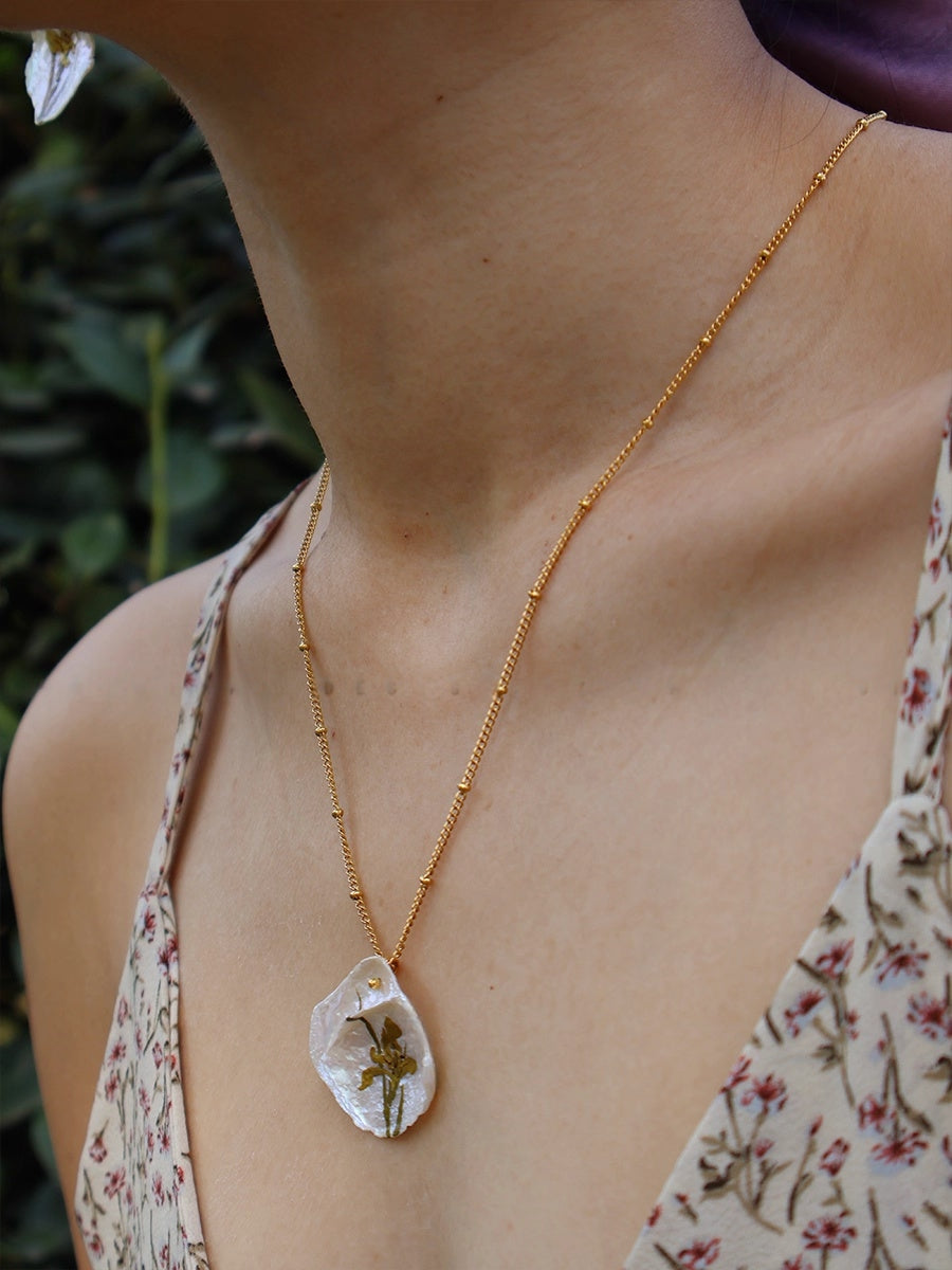 "Irises On Pearls" Lacquer Craft Handpainted Flower Necklace And Earrings Handmade Jewelry