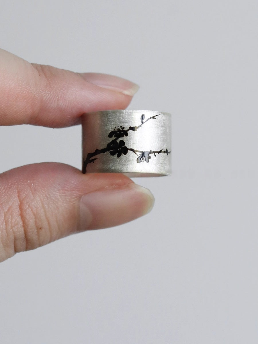LacLume Lacquer Hand-Painted Peach Blossom New Chinese Style Silver Ring - Handmade Silver Lacquerware