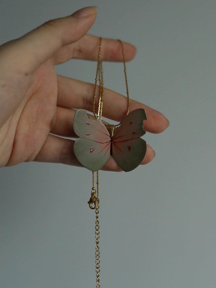 Pink Butterfly Original Lacquer Craft Hand-Painted Butterfly Oil Painting Girl'S Necklace - Handmade Copper Lacquerware